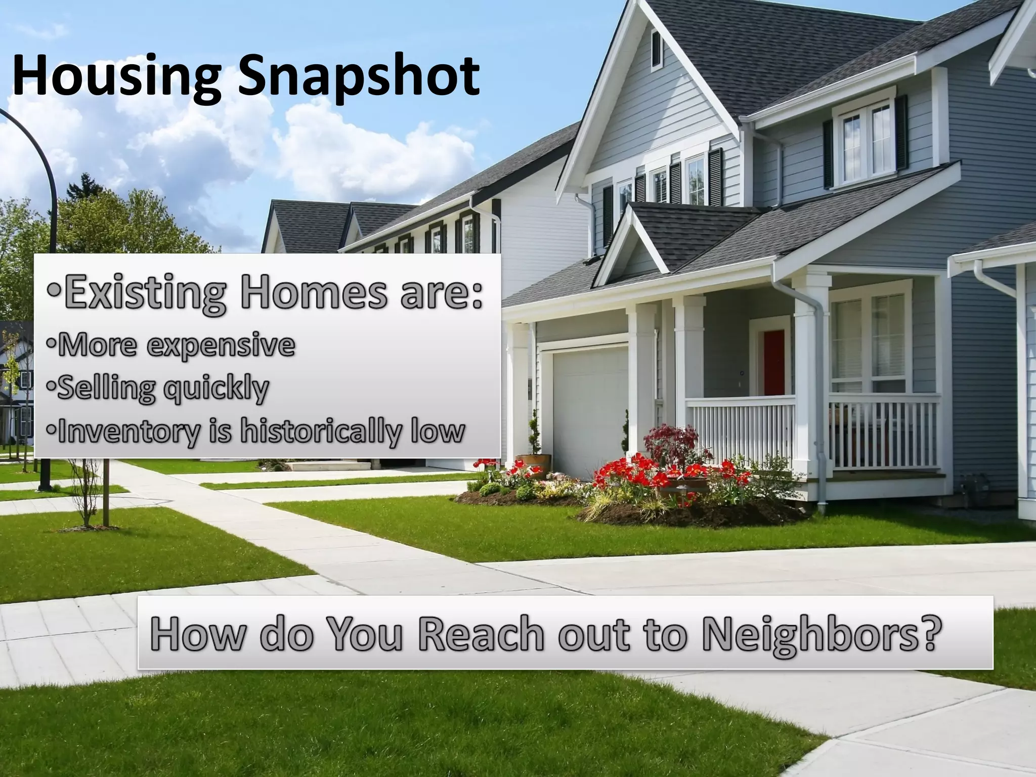 Housing Snapshot
Session Framework
Powerful, easy to use tool
Just Listed/Just Sold search
Virtually prospect from your desk
Approach & offer
Questions

 