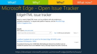 https://developer.microsoft.com/en-us/microsoft-edge/platform/issues/
Microsoft Edge - Open Issue Tracker
What now?What? Why? Who?
 