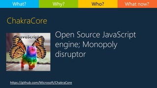 Open Source JavaScript
engine; Monopoly
disruptor
https://github.com/Microsoft/ChakraCore
ChakraCore
What now?What? Why? Who?
 