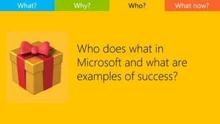 What now?
Who does what in
Microsoft and what are
examples of success?
What? Why? Who?
 