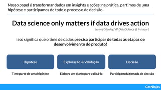 Nosso papel é transformar dados em insights e ações; na prática, partimos de uma
hipótese e participamos de todo o processo de decisão
Hipótese Exploração & Validação Decisão
Time parte de uma hipótese Elabora um plano para validá-la Participam da tomada de decisão
Data science only matters if data drives action
Jeremy Stanley, VP Data Science @ Instacart
Isso significa que o time de dados precisa participar de todas as etapas de
desenvolvimento do produto!
 