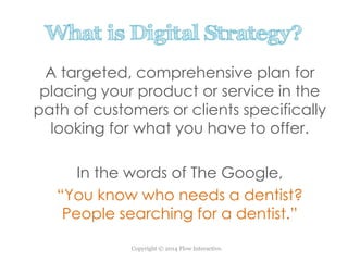 Copyright © 2014 Flow Interactive.
What is Digital Strategy?
A targeted, comprehensive plan for
placing your product or service in the
path of customers or clients specifically
looking for what you have to offer.
In the words of The Google,
“You know who needs a dentist?
People searching for a dentist.”
 