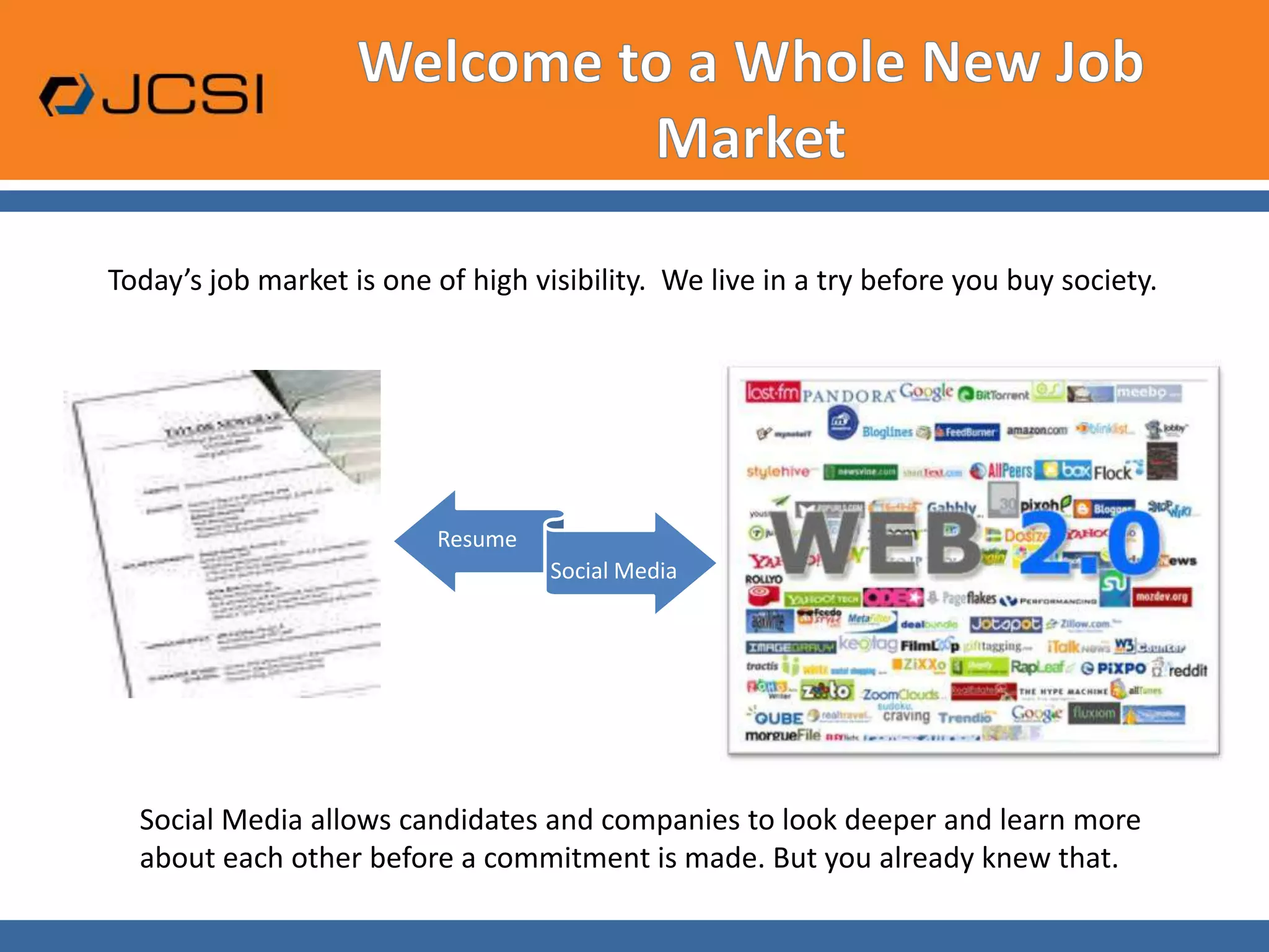 Welcome to a Whole New Job MarketToday’s job market is one of high visibility.  We live in a try before you buy society.Social Media allows candidates and companies to look deeper and learn more about each other before a commitment is made. But you already knew that.