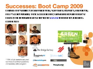 Successes: Boot Camp 2009 Through the sacrifice of our participants, supporting agencies, and clients, MGP’s core program, the iCR8 boot camp, was launched with modest budget; pilot program gains attention in  Ad Age  immediately following completion * 75% of job seekers secured  full time or contract positions immediately after program 