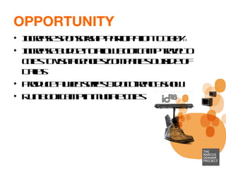 OPPORTUNITY Increase sponsorship participation to 100% Increase budget to allow boot camp travel to cities to visit agencies/companies outside of Dallas Produce a web series & docu-reality show Run boot camp in multiple cities 