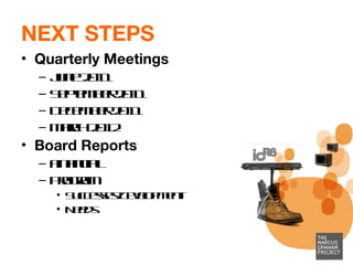 NEXT STEPS Quarterly Meetings June 2011 September 2011 December 2011 March 2012 Board Reports Financial Program Successes/Development Needs 