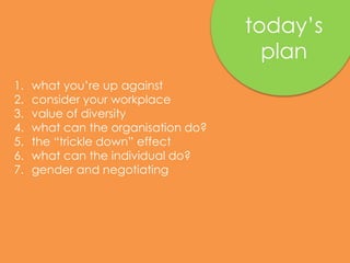 today’s
plan
1. what you’re up against
2. consider your workplace
3. value of diversity
4. what can the organisation do?
5. the “trickle down” effect
6. what can the individual do?
7. gender and negotiating
 