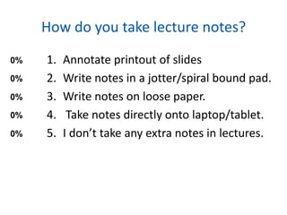 How do you take lecture notes?
0%   1.   Annotate printout of slides
0%   2.   Write notes in a jotter/spiral bound pad.
0%   3.   Write notes on loose paper.
0%   4.    Take notes directly onto laptop/tablet.
0%   5.   I don’t take any extra notes in lectures.
 