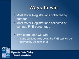 WWaayyss ttoo wwiinn 
 Most Voter Registrations collected by 
number 
 Most Voter Registrations collected of 
campus FYE percentage 
 Two campuses will win! 
◦ *if one campus wins both, the FYE cup will be 
received by the runner up. 
 
