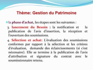Thème: Gestion du Patrimoine
la phase d’achat, les étapes sont les suivantes :
3. lancement du Besoin : la notification et la
publication de l'avis d’insertion, la réception et
l’ouverture des soumissions.
4. Sélection et achat: L'évaluation des soumissions
conformes par rapport à la sélection et les critères
d'évaluation, demande des éclaircissements (si c’est
nécessaire). Elle se termine à la publication de l'avis
d'attribution et signature du contrat avec le
soumissionnaire retenu.
 