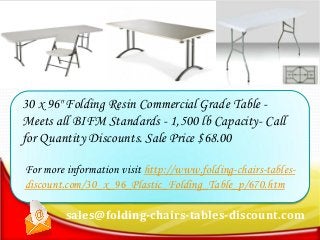 sales@folding-chairs-tables-discount.com
30 x 96" Folding Resin Commercial Grade Table -
Meets all BIFM Standards - 1,500 lb Capacity- Call
for Quantity Discounts. Sale Price $68.00
For more information visit http://www.folding-chairs-tables-
discount.com/30_x_96_Plastic_Folding_Table_p/670.htm