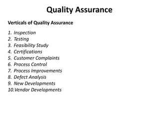 Quality Assurance
1. Inspection
2. Testing
3. Feasibility Study
4. Certifications
5. Customer Complaints
6. Process Control
7. Process Improvements
8. Defect Analysis
9. New Developments
10.Vendor Developments
Verticals of Quality Assurance
 