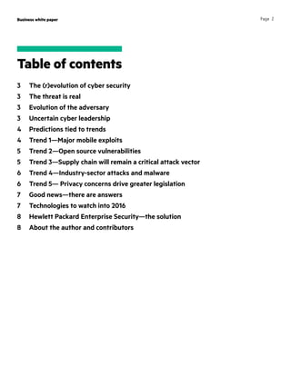 Page 2
Table of contents
3	 The (r)evolution of cyber security
3	 The threat is real
3	 Evolution of the adversary
3	 Uncertain cyber leadership
4	 Predictions tied to trends
4	 Trend 1—Major mobile exploits
5	 Trend 2—Open source vulnerabilities
5	 Trend 3—Supply chain will remain a critical attack vector
6	 Trend 4—Industry-sector attacks and malware
6	 Trend 5— Privacy concerns drive greater legislation
7	 Good news—there are answers
7	 Technologies to watch into 2016
8	 Hewlett Packard Enterprise Security—the solution
8	 About the author and contributors
Business white paper
 
