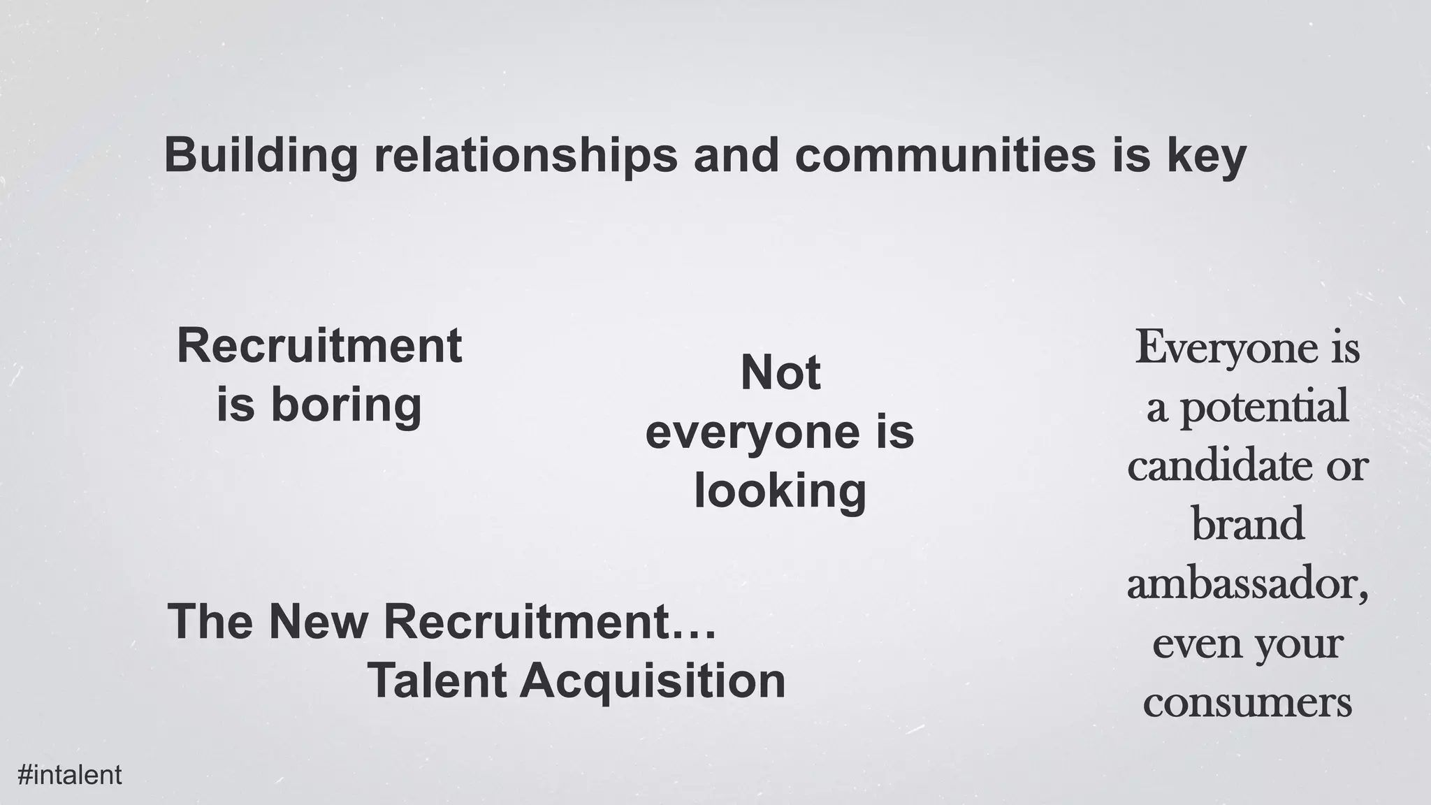 Not
everyone is
looking
Everyone is
a potential
candidate or
brand
ambassador,
even your
consumers
Building relationships and communities is key
Recruitment
is boring
The New Recruitment…
Talent Acquisition
#intalent
 