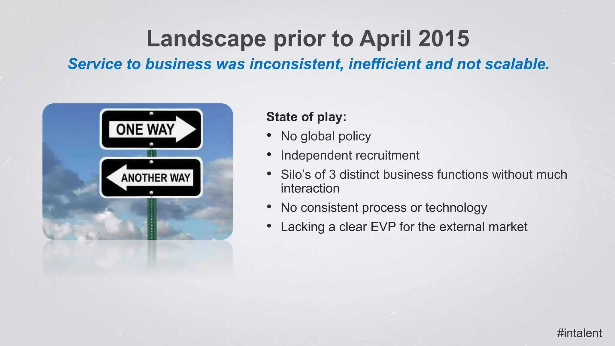  Service to business was inconsistent, inefficient and not scalable.
Landscape prior to April 2015
State of play:
•  No global policy
•  Independent recruitment
•  Silo’s of 3 distinct business functions without much
interaction
•  No consistent process or technology
•  Lacking a clear EVP for the external market
#intalent
 