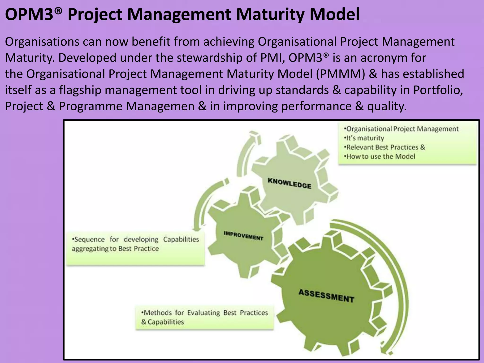 OPM3® Project Management Maturity Model
Organisations can now benefit from achieving Organisational Project Management
Maturity. Developed under the stewardship of PMI, OPM3® is an acronym for
the Organisational Project Management Maturity Model (PMMM) & has established
itself as a flagship management tool in driving up standards & capability in Portfolio,
Project & Programme Managemen & in improving performance & quality.
 