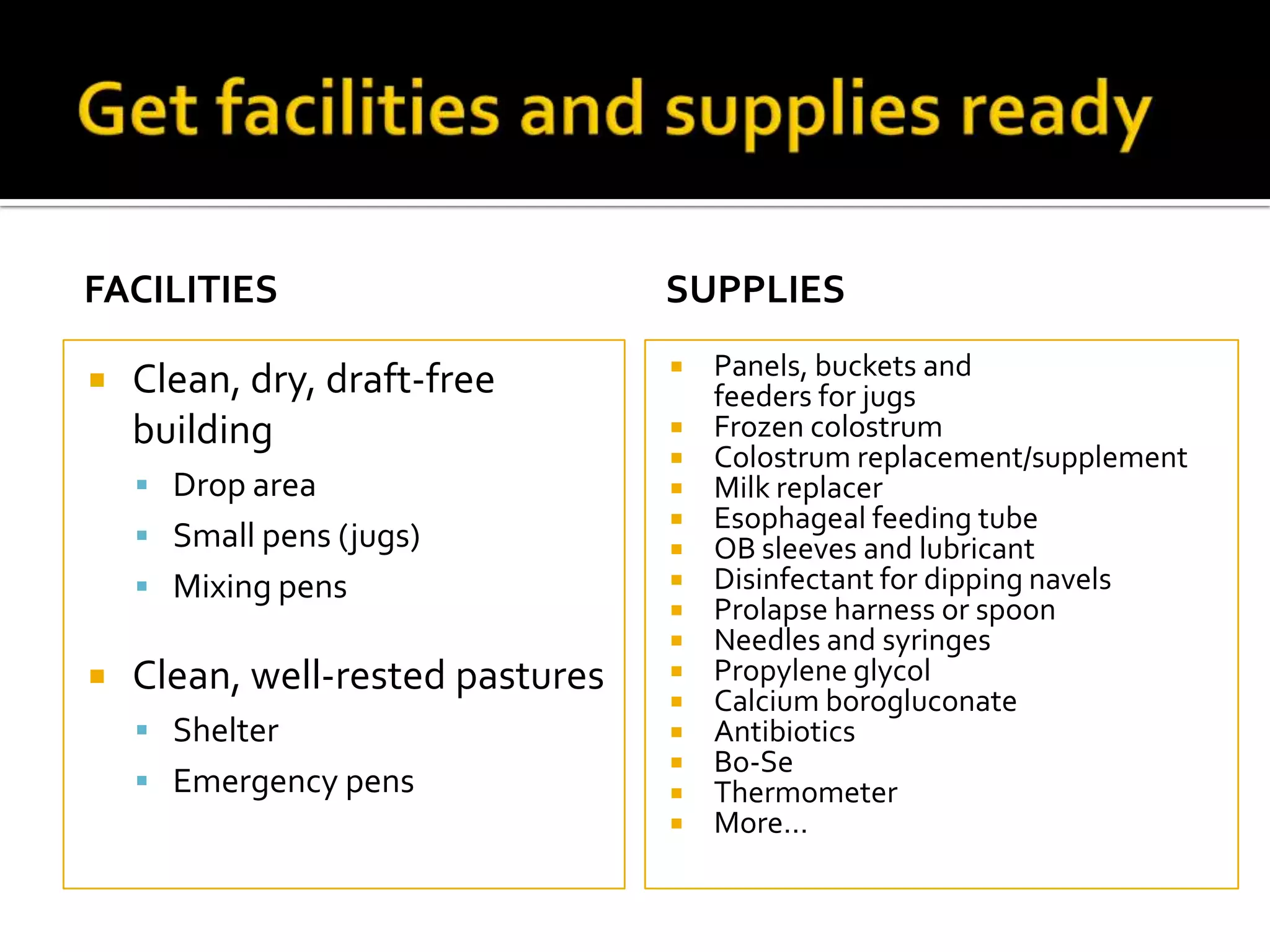 FACILITIES


Clean, dry, draft-free
building
 Drop area
 Small pens (jugs)
 Mixing pens



Clean, well-rested pastures
 Shelter
 Emergency pens

SUPPLIES
















Panels, buckets and
feeders for jugs
Frozen colostrum
Colostrum replacement/supplement
Milk replacer
Esophageal feeding tube
OB sleeves and lubricant
Disinfectant for dipping navels
Prolapse harness or spoon
Needles and syringes
Propylene glycol
Calcium borogluconate
Antibiotics
Bo-Se
Thermometer
More…

 