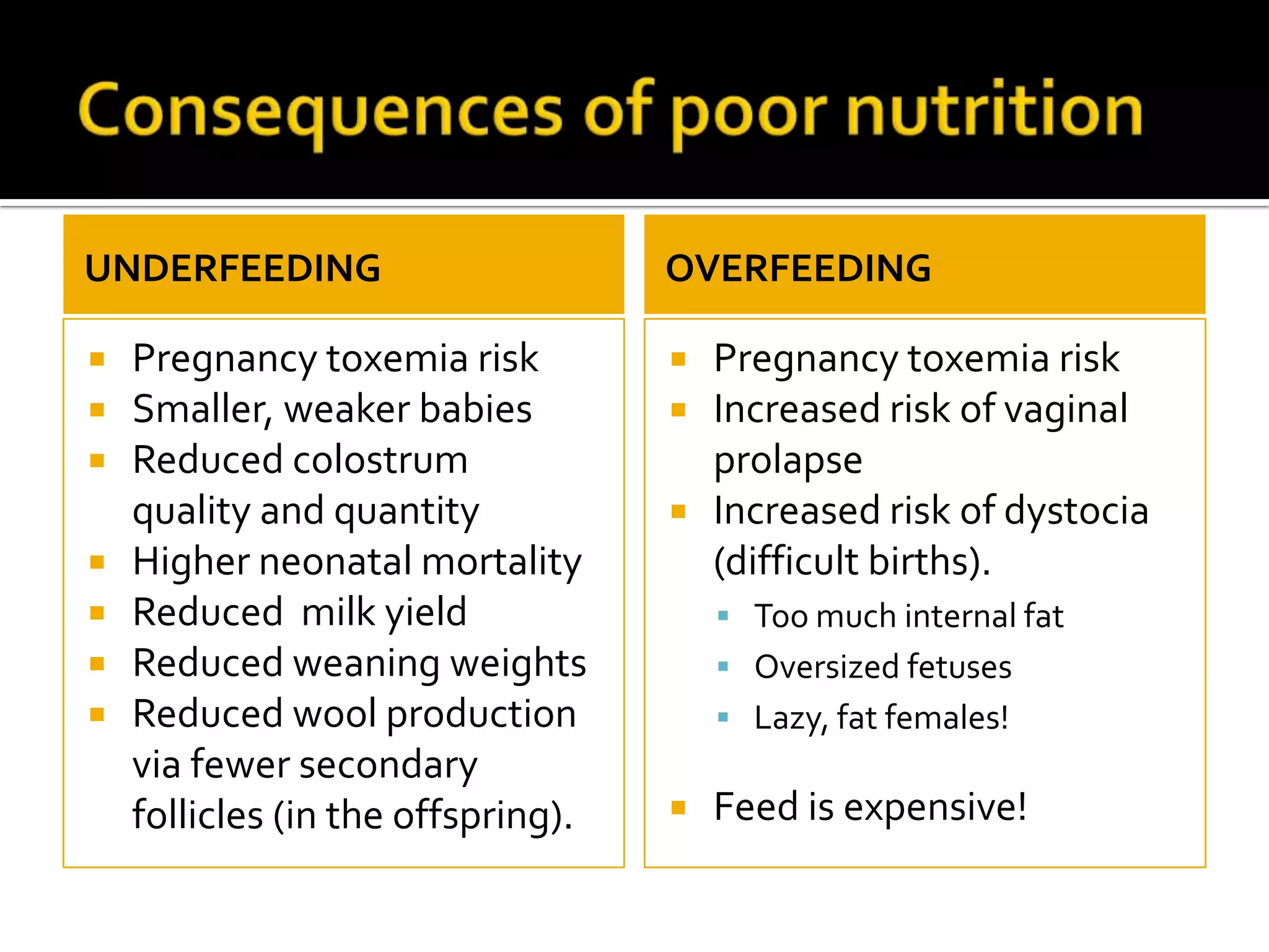 UNDERFEEDING

OVERFEEDING

Pregnancy toxemia risk
Smaller, weaker babies
 Reduced colostrum
quality and quantity
 Higher neonatal mortality
 Reduced milk yield
 Reduced weaning weights
 Reduced wool production
via fewer secondary
follicles (in the offspring).









Pregnancy toxemia risk
Increased risk of vaginal
prolapse
Increased risk of dystocia
(difficult births).
 Too much internal fat

 Oversized fetuses
 Lazy, fat females!



Feed is expensive!

 