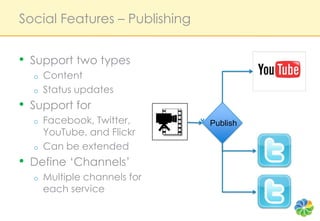Social Features – Publishing <br />Support two types<br />Content<br />Status updates<br />Support for <br />Facebook, Twi...