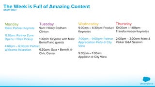 The Week is Full of Amazing Content 
DRAFT ONLY 
Tuesday 
9am: Hillary Rodham 
Clinton 
1:30pm: Keynote with Marc 
Benioff and guests 
6:30pm: Gala + Benefit @ 
Civic Center 
Monday 
10am: Partner Keynote 
11:30am: Partner Zone 
Opens + Prize Pickup 
4:00pm – 6:00pm: Partner 
Welcome Reception 
Wednesday 
9:00am – 4:30pm: Product 
Keynotes 
7:00pm – 9:00pm: Partner 
Appreciation Party @ City 
View 
9:00pm – 1:00am: 
AppBash @ City View 
Thursday 
10:00am – 1:00pm: 
Transformation Keynotes 
2:00pm – 3:00pm: Marc & 
Parker Q&A Session 
 