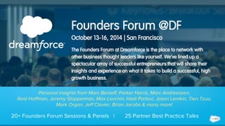 Personal insights from Marc Benioff, Parker Harris, Marc Andreessen, 
Reid Hoffman, Jeremy Stoppelman, Max Levchin, Hadi Partovi, Jason Lemkin, Tien Tzuo, 
Mark Organ, Jeff Clavier, Brian Jacobs & many more! 
20+ Founders Forum Sessions & Panels | 25 Partner Best Practice Talks 
 