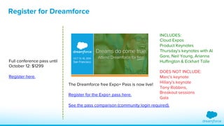 INCLUDES: 
Cloud Expos 
Product Keynotes 
Thursday's keynotes with Al 
Gore, Neil Young, Arianna 
Huffington & Eckhart Tolle 
DOES NOT INCLUDE: 
Marc's keynote 
Hillary's keynote 
Tony Robbins, 
Breakout sessions 
Gala 
Register for Dreamforce 
The Dreamforce free Expo+ Pass is now live! 
Register for the Expo+ pass here. 
See the pass comparison (community login required). 
Full conference pass until 
October 12: $1299 
Register here. 
 
