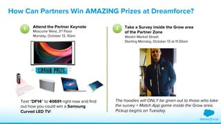 How Can Partners Win AMAZING Prizes at Dreamforce? 
1 Attend the Partner Keynote 
Moscone West, 3rd Floor 
Monday, October 13, 10am 
Text “DF14” to 40691 right now and find 
out how you could win a Samsung 
Curved LED TV! 
2 Take a Survey inside the Grow area 
of the Partner Zone 
Westin Market Street 
Starting Monday, October 13 at 11:30am 
The hoodies will ONLY be given out to those who take 
the survey + Match App game inside the Grow area. 
Pickup begins on Tuesday. 
 