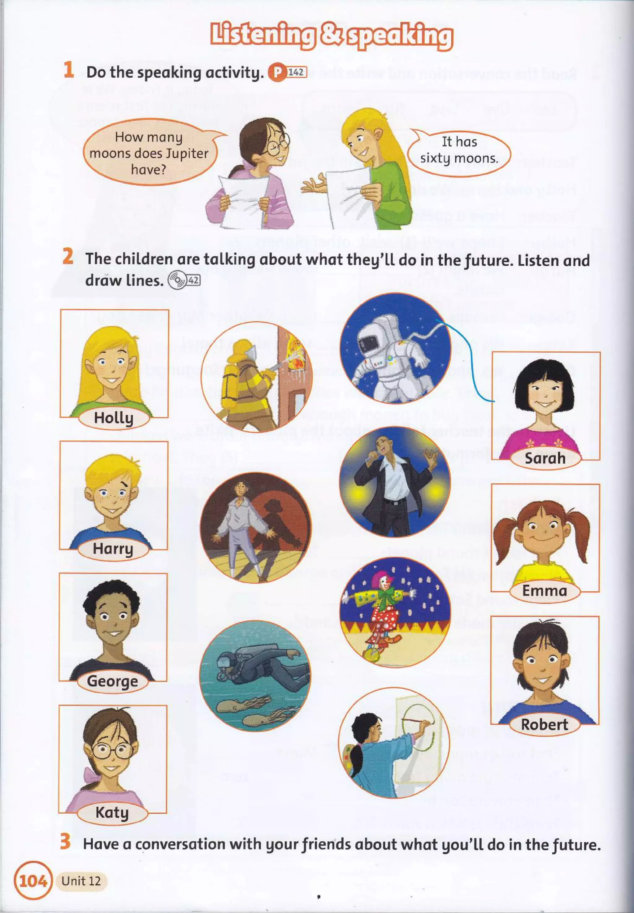 I Do the speoking octivitg. QE
#-;
-1
z
!
i
1
The chiLdren ore tqlking obout whot theg'[[ do in the future. Listen ond
drciw lines. @
3 Hove o conversotion with gourfriends obout whot gou'[[ do in thefuture.
 