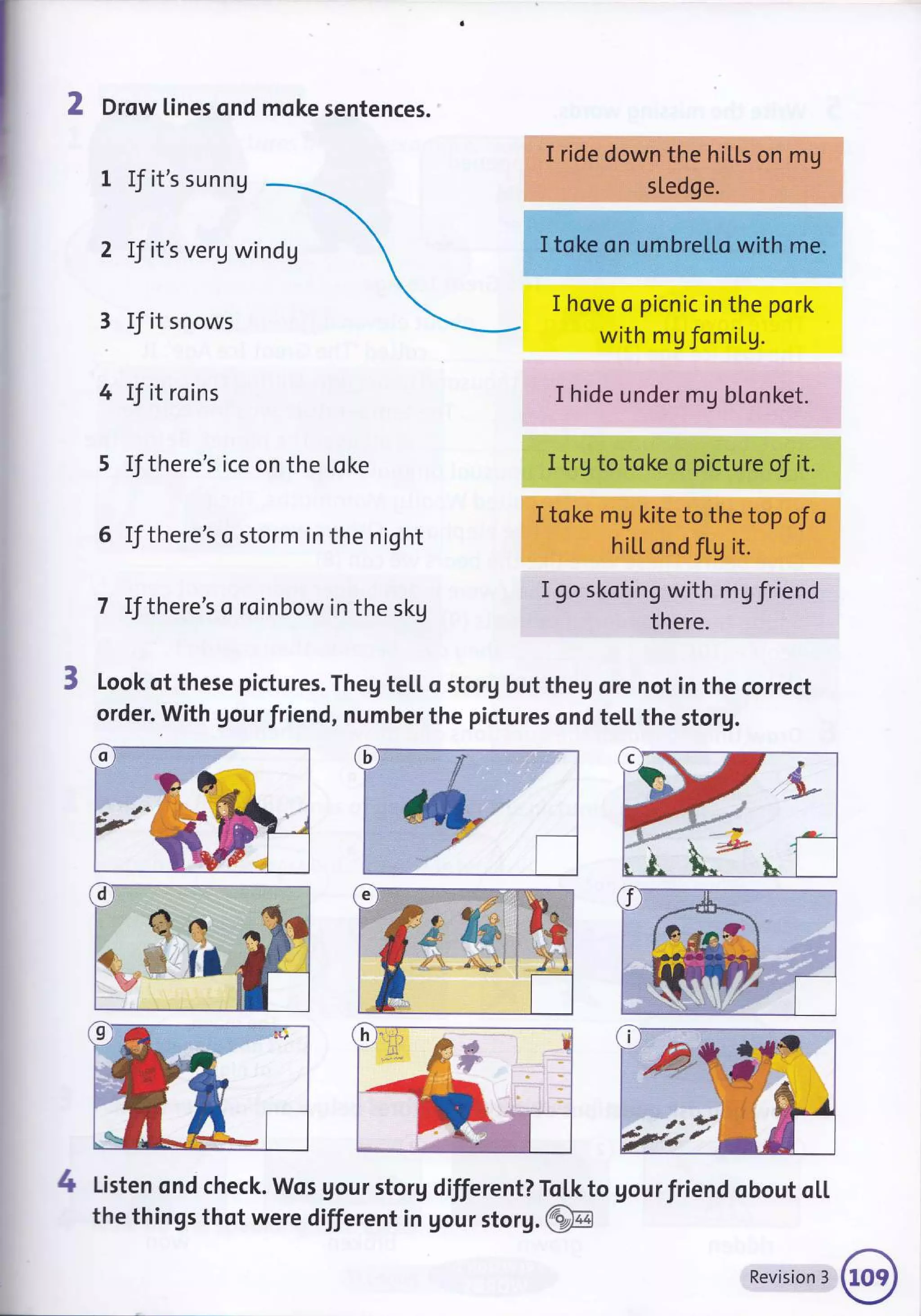 2 Drow lines ond moke sentences.
1 If it's sunnU
2 If it's verg windg
If it snows
IJ it roins
5 If there's ice on the [oke
IJthere's o storm in the night
If there's a roinbow in the skg
I ride dowh'the hilts on..'rmU
s[edge.
I toke on umbretto with me.
I hove o picnic in the pork
with mg fomil.g.
I hide under mg bLonket.
I trg to toke o picture of it.
I toke mg kite to the top oJ o
hitL ond fl,g it.
I go skoting with mg friend
there.
Look of these pictures. Theg te[[ o storg but theg ore not in the correct
order. with gour friend, number the pictures ond teil. the storg.
4 Listen ond check. Wos gour storg different? ToLk to gour friend obout oLl
+
tl
#.
.,----o="n''''
the things thot were different in gour storg. @
Revision 3
 
