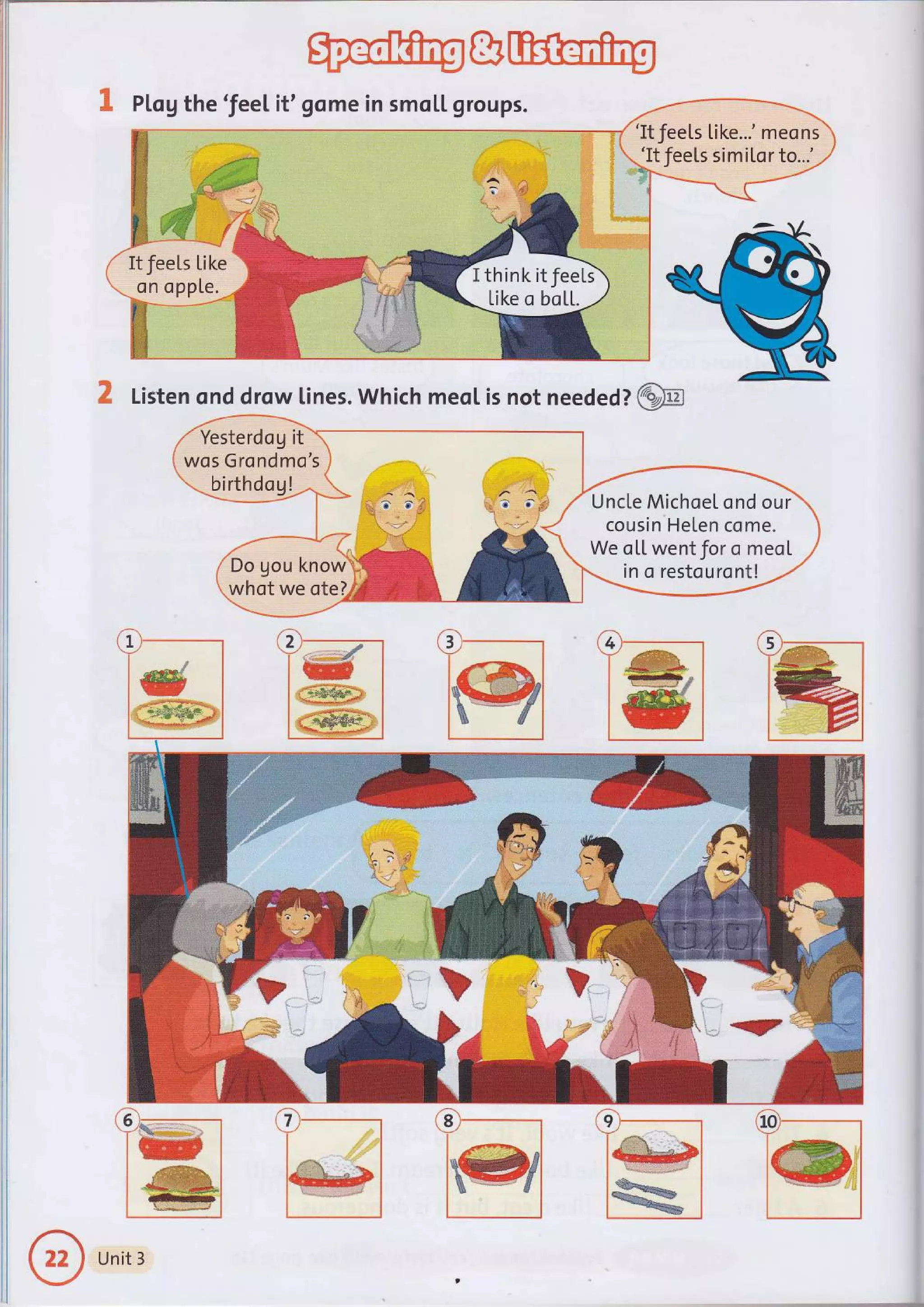 Pl.og the 'fee[ it' gome in smo[[ groups.
'It Jeels Like...' meons
'It feeLs simiLor to...'
It feels Like
on opple.
I think itfeeLs
Like o boLL.
X Listen ond drow tines. Which meol is not needed? @
Yesterdog it
wos Grondmo's
birthdo g ! alliii:aii{ ,li>ili::alil i:rt::lt+ ,-r'qt:;l
Uncle Michoel ond our
cousin Helen come.
We oL[ went for o meol
in o restouront!
Do gou know
whot we ote?.
Unit 3
 