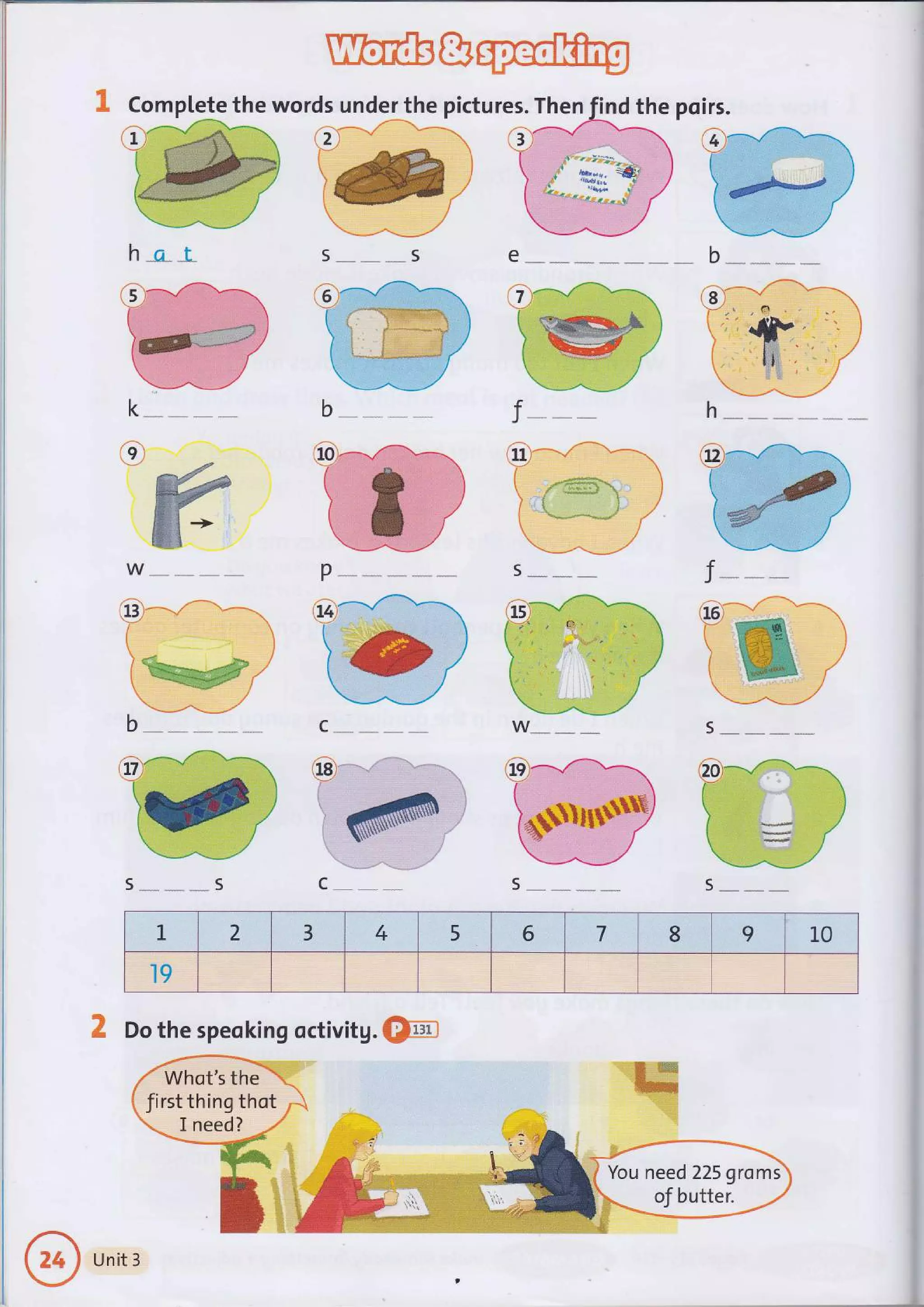 Complete the words under the pictures. Then porrs.
,1
h-s-*L e
9T
*"lt"n--tP
_^/
s
C" /.l---r
@i
-"--"-/
'i) -e
ffi
ffi*
ffis
',O-Y-l:--r
#
Y^_i
f ----
s "_* "_-* *_, s c _- _* _--_
s __," ",*, _ s
1. 2 3 4 5 6 7 8 9 l_0
19
K Do the speoking octivitg. €Fet
Whot's the
first thing thot
Unit 3
 