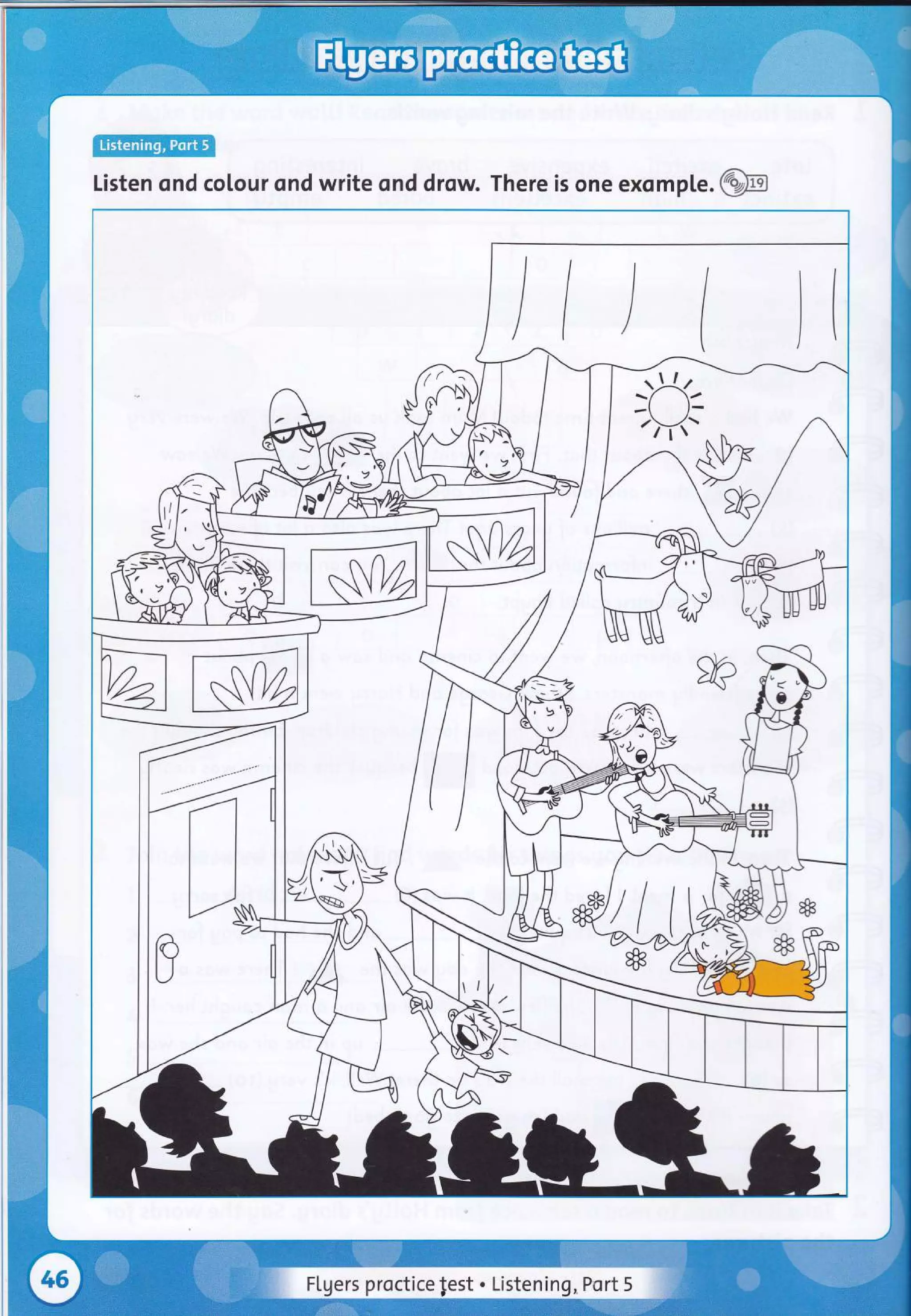 l(
ll)rXu v
-/ /
ru
 e?,
Listen ond colour ond write ond drow. There is one exomple .@B
Flgers proctice lest . Listening. Port 5
 