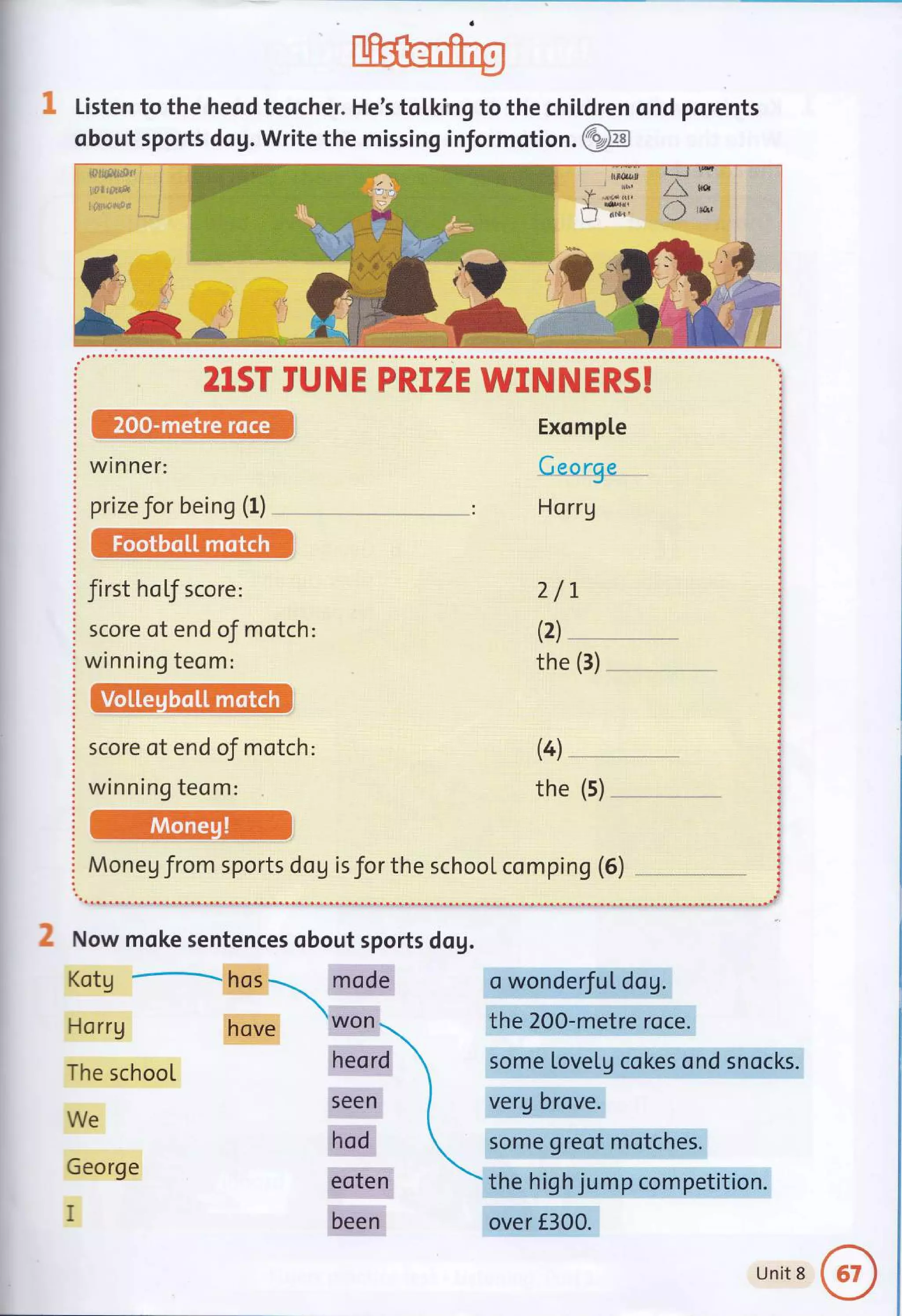 1 Listen to the heod teocher. He's totking to the chil.dren ond porents
obout sports dog.Write the missing informotion. @
21ST IUNE PRIZE WTNNERS!
wtn ner:
prizefor being (1)
first hoLf score :
score of end of motch:
winning teom:
2/L
the (3)
score of end oJ motch:
winning teom:
Moneg from sports dog is for the school comping (5)
(2)
(41
the (5)
Exomple
Ho rrg
2 Now moke sentences obout sports dog.
mode o wonderfut dog.
the 200-metre rsce.
some LoveLg cokes ond snocks.
verg brove.
some greot motches.
the high jump competition.
over 300.
Kotg
-
Horrg hove
The school
We
George
I
hesrd
Seen
hod,
eatenr
been
Unit 8
 