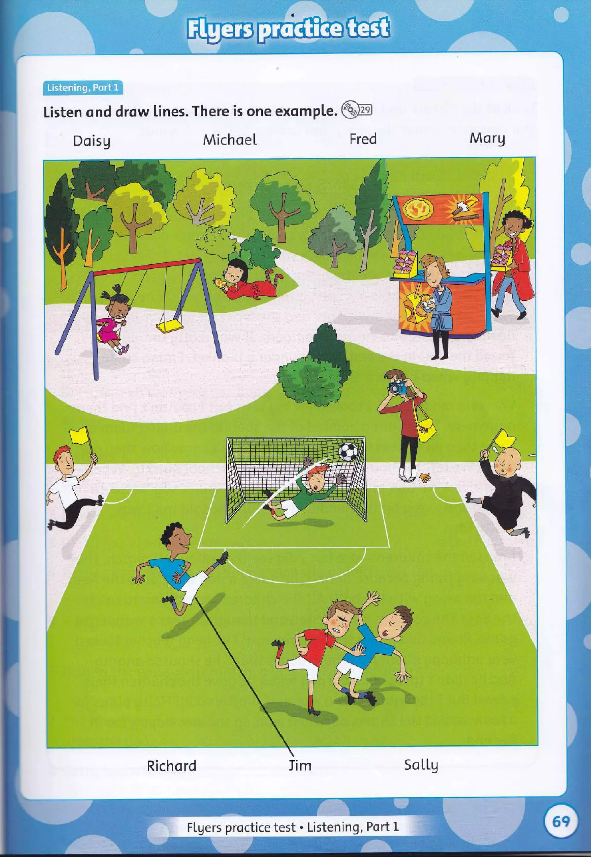 Listen ond drow lines. There is one exomple .{:'U==-
Doisg MichoeL Fred
Richo rd
Mo rg
FLgers proctice test . Listening, Port L
Sc LLg
 