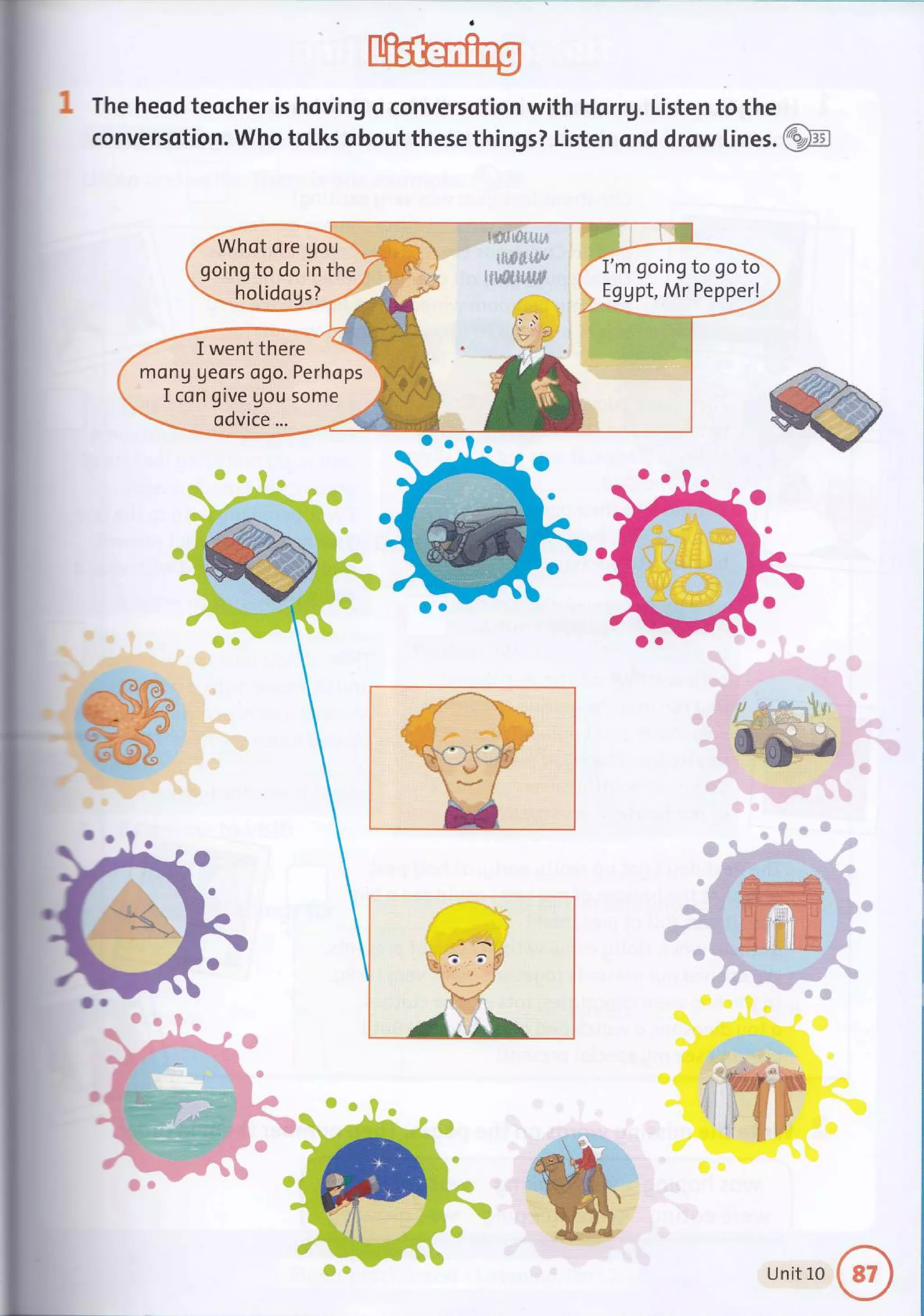 I The heod teocher is hoving o conversotion with Horrg. Listen to the
conversotion. Who tol,ks obout these things? Listen ond drow lines. @
o
o
a
o
o
o
*
€
o
o
&
h.a
Unit L0
 