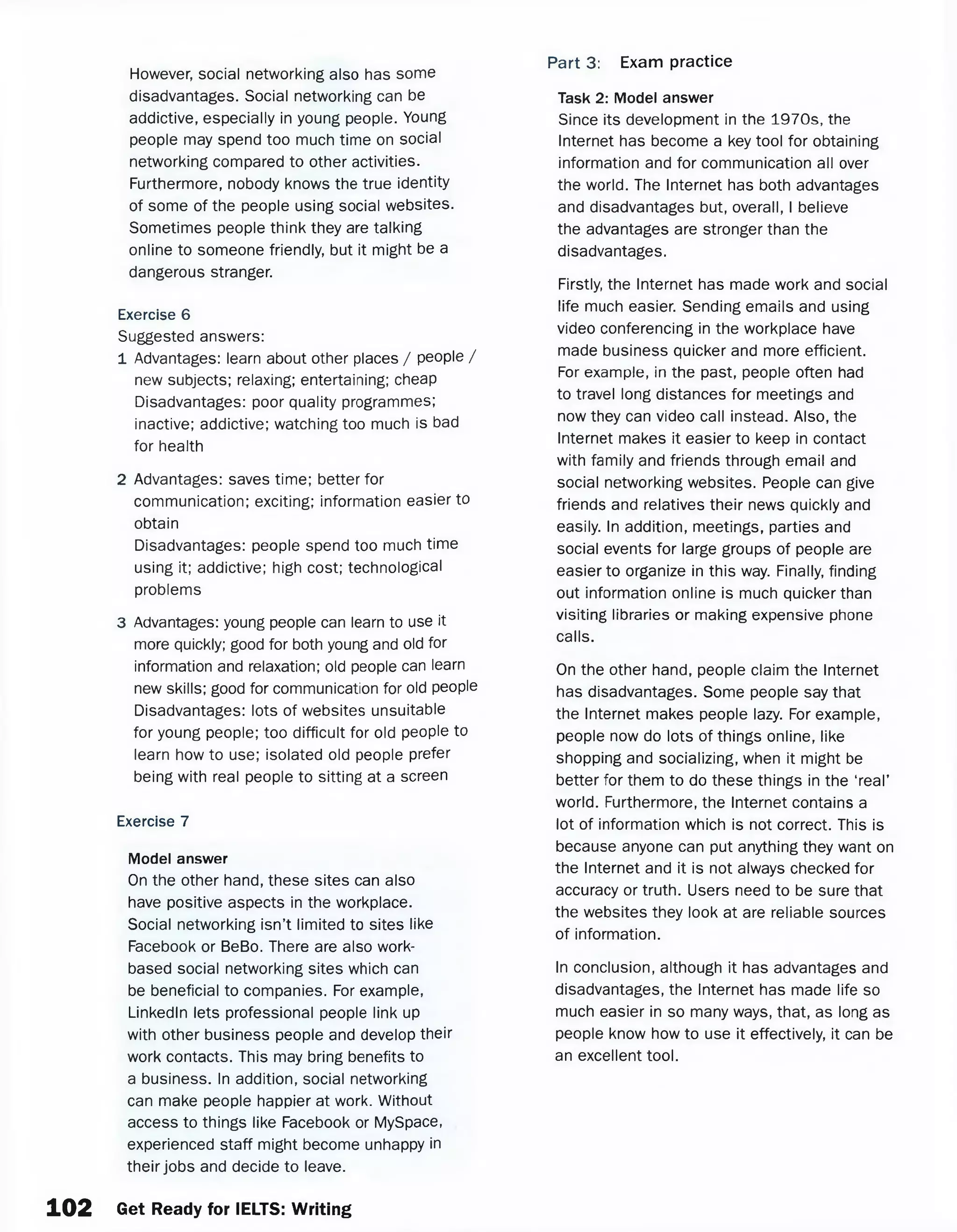 However, social networking also has some
disadvantages. Social networking can be
addictive, especially in young people. Young
people may spend too much time on social
networking compared to other activities.
Furthermore, nobody knows the true identity
of some of the people using social websites.
Sometimes people think they are talking
online to someone friendly, but it might be a
dangerous stranger.
Exercise 6
Suggested answers:
1 Advantages: learn about other places / people /
new subjects: relaxing; entertaining: cheap
Disadvantages: poor quality programmes:
inactive; addictive; watching too much is bad
for health
2 Advantages: saves time; better for
communication; exciting; information easier to
obtain
Disadvantages: people spend too much time
using it; addictive; high cost; technological
problems
3 Advantages: young people can learn to use it
more quickly; good for both young and old for
information and relaxation; old people can learn
new skills; good for communication for old people
Disadvantages: lots of websites unsuitable
for young people; too difficult for old people to
learn how to use; isolated old people prefer
being with real people to sitting at a screen
Exercise 7
Model answer
On the other hand, these sites can also
have positive aspects in the workplace.
Social networking isn’t limited to sites like
Facebook or BeBo. There are also work-
based social networking sites which can
be beneficial to companies. For example,
Linkedln lets professional people link up
with other business people and develop their
work contacts. This may bring benefits to
a business. In addition, social networking
can make people happier at work. Without
access to things like Facebook or MySpace,
experienced staff might become unhappy in
their jobs and decide to leave.
Task 2: Model answer
Since its development in the 1970s, the
Internet has become a key tool for obtaining
information and for communication all over
the world. The Internet has both advantages
and disadvantages but, overall, I believe
the advantages are stronger than the
disadvantages.
Firstly the Internet has made work and social
life much easier. Sending emails and using
video conferencing in the workplace have
made business quicker and more efficient.
For example, in the past, people often had
to travel long distances for meetings and
now they can video call instead. Also, the
Internet makes it easier to keep in contact
with family and friends through email and
social networking websites. People can give
friends and relatives their news quickly and
easily. In addition, meetings, parties and
social events for large groups of people are
easier to organize in this way. Finally, finding
out information online is much quicker than
visiting libraries or making expensive phone
calls.
On the other hand, people claim the Internet
has disadvantages. Some people say that
the Internet makes people lazy. For example,
people now do lots of things online, like
shopping and socializing, when it might be
better for them to do these things in the ‘real’
world. Furthermore, the Internet contains a
lot of information which is not correct. This is
because anyone can put anything they want on
the Internet and it is not always checked for
accuracy or truth. Users need to be sure that
the websites they look at are reliable sources
of information.
In conclusion, although it has advantages and
disadvantages, the Internet has made life so
much easier in so many ways, that, as long as
people know how to use it effectively, it can be
an excellent tool.
Part 3: Exam practice
102 Get Ready for IELTS: Writing
 