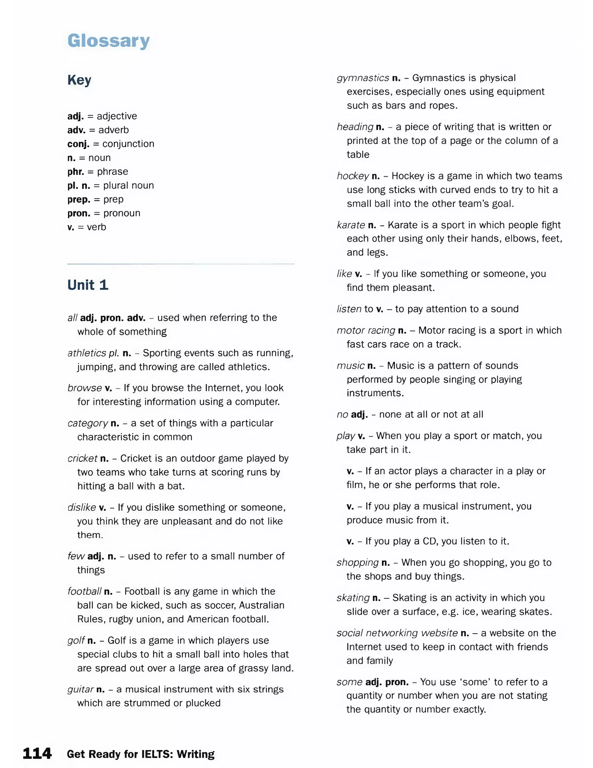 Glossary
Key
adj. = adjective
adv. = adverb
conj. = conjunction
n. = noun
phr. = phrase
pi. n. = plural noun
prep. = prep
pron. = pronoun
v. = verb
Unit 1
all adj. pron. adv. - used when referring to the
whole of something
athletics pi. n. - Sporting events such as running,
jumping, and throwing are called athletics.
browse v. - If you browse the Internet, you look
for interesting information using a computer.
category n. - a set of things with a particular
characteristic in common
cricket n. - Cricket is an outdoor game played by
two teams who take turns at scoring runs by
hitting a ball with a bat.
dislike v. - If you dislike something or someone,
you think they are unpleasant and do not like
them.
few adj. n. - used to refer to a small number of
things
football n. - Football is any game in which the
ball can be kicked, such as soccer, Australian
Rules, rugby union, and American football.
golf n. - Golf is a game in which players use
special clubs to hit a small ball into holes that
are spread out over a large area of grassy land.
guitar n. - a musical instrument with six strings
which are strummed or plucked
gymnastics n. - Gymnastics is physical
exercises, especially ones using equipment
such as bars and ropes.
heading n. - a piece of writing that is written or
printed at the top of a page or the column of a
table
hockey n. - Hockey is a game in which two teams
use long sticks with curved ends to try to hit a
small ball into the other team’s goal.
karate n. - Karate is a sport in which people fight
each other using only their hands, elbows, feet,
and legs.
like v. - If you like something or someone, you
find them pleasant.
listen to v. - to pay attention to a sound
motor racing n. - Motor racing is a sport in which
fast cars race on a track.
music n. - Music is a pattern of sounds
performed by people singing or playing
instruments.
no adj. - none at all or not at all
play. - When you play a sport or match, you
take part in it.
v. - If an actor plays a character in a play or
film, he or she performs that role.
v. - If you play a musical instrument, you
produce music from it.
v. - If you play a CD, you listen to it.
shopping n. - When you go shopping, you go to
the shops and buy things.
skating n. - Skating is an activity in which you
slide over a surface, e.g. ice, wearing skates.
social networking website n. - a website on the
Internet used to keep in contact with friends
and family
some adj. pron. - You use ‘some’ to refer to a
quantity or number when you are not stating
the quantity or number exactly.
114 Get Ready for IELTS: Writing
 