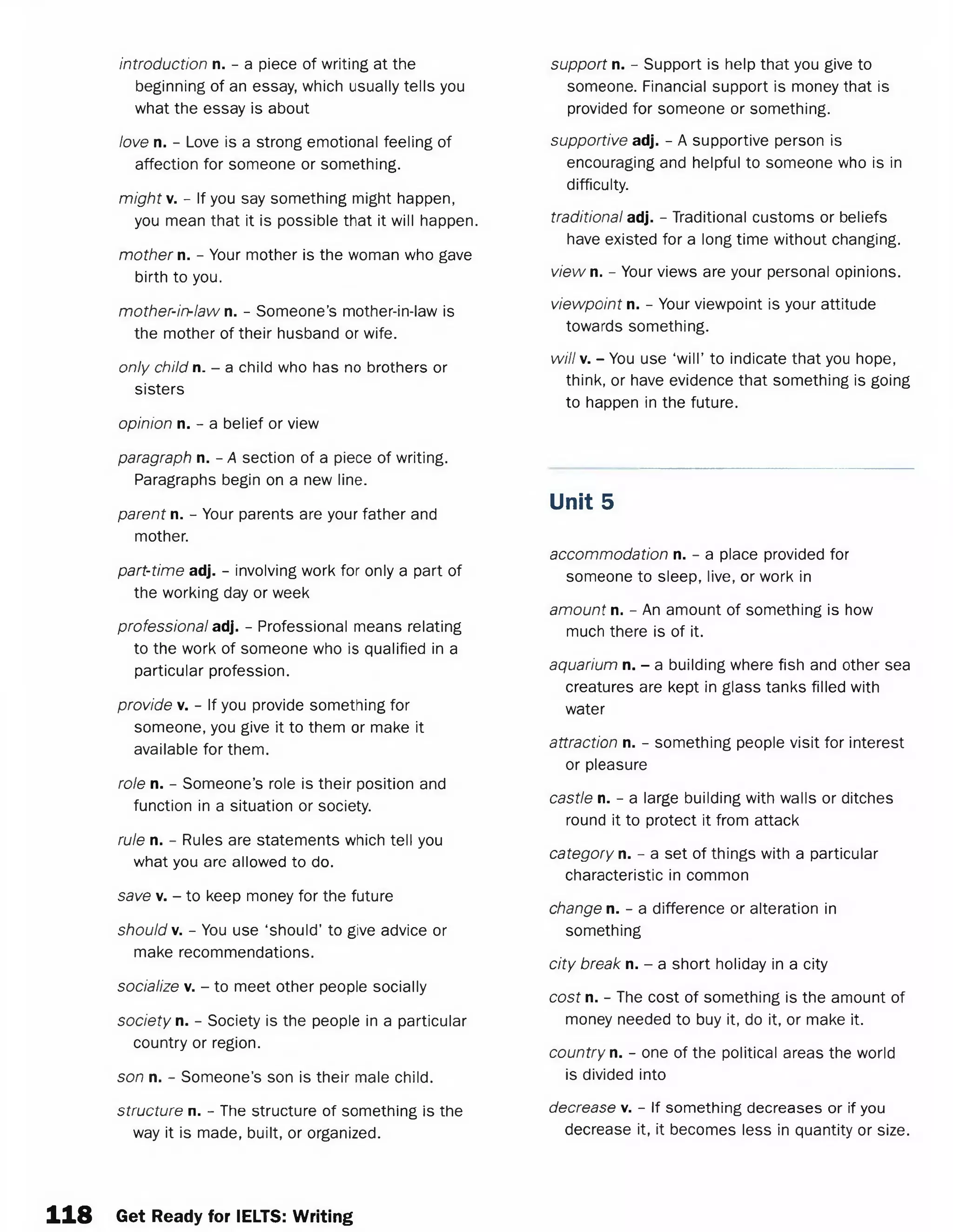 introduction n. - a piece of writing at the
beginning of an essay, which usually tells you
what the essay is about
love n. - Love is a strong emotional feeling of
affection for someone or something.
might v. - If you say something might happen,
you mean that it is possible that it will happen.
mother n. - Your mother is the woman who gave
birth to you.
mother-in-law n. - Someone’s mother-in-law is
the mother of their husband or wife.
only child n. - a child who has no brothers or
sisters
opinion n. - a belief or view
paragraph n. - A section of a piece of writing.
Paragraphs begin on a new line.
parent n. - Your parents are your father and
mother.
part-time adj. - involving work for only a part of
the working day or week
professional adj. - Professional means relating
to the work of someone who is qualified in a
particular profession.
provide v. - If you provide something for
someone, you give it to them or make it
available for them.
role n. - Someone’s role is their position and
function in a situation or society.
rule n. - Rules are statements which tell you
what you arc allowed to do.
save v. - to keep money for the future
should v. - You use ‘should’ to give advice or
make recommendations.
socialize v. - to meet other people socially
society n. - Society is the people in a particular
country or region.
son n. - Someone’s son is their male child.
structure n. - The structure of something is the
way it is made, built, or organized.
support n. - Support is help that you give to
someone. Financial support is money that is
provided for someone or something.
supportive adj. - A supportive person is
encouraging and helpful to someone who is in
difficulty.
traditional adj. - Traditional customs or beliefs
have existed for a long time without changing.
viewn. - Your views are your personal opinions.
viewpoint n. - Your viewpoint is your attitude
towards something.
w ill. - You use ‘will’ to indicate that you hope,
think, or have evidence that something is going
to happen in the future.
Unit 5
accommodation n. - a place provided for
someone to sleep, live, or work in
amount n. - An amount of something is how
much there is of it.
aquarium n. - a building where fish and other sea
creatures are kept in glass tanks filled with
water
attraction n. - something people visit for interest
or pleasure
castle n. - a large building with walls or ditches
round it to protect it from attack
category n. - a set of things with a particular
characteristic in common
change n. - a difference or alteration in
something
city break n. - a short holiday in a city
cost n. - The cost of something is the amount of
money needed to buy it, do it, or make it.
country n. - one of the political areas the world
is divided into
decrease v. - If something decreases or if you
decrease it, it becomes less in quantity or size.
118 Get Ready for IELTS: Writing
 