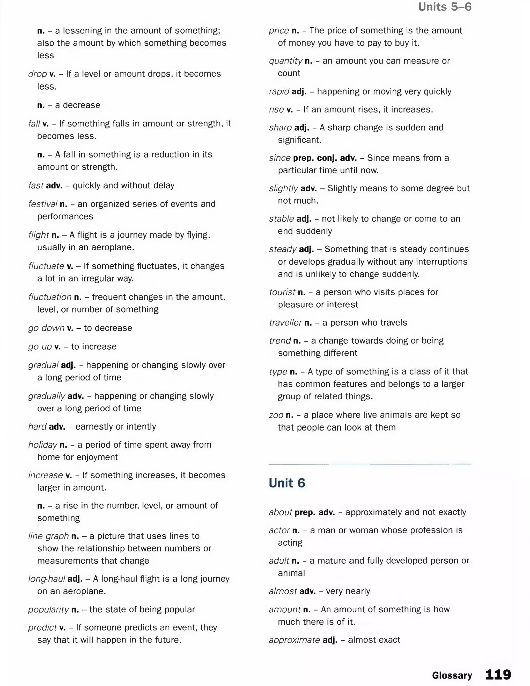 Units 5-6
n. - a lessening in the amount of something;
also the amount by which something becomes
less
drop v. - If a level or amount drops, it becomes
less.
n. - a decrease
fall v. - If something falls in amount or strength, it
becomes less.
n. - A fall in something is a reduction in its
amount or strength.
fast adv. - quickly and without delay
festival n. - an organized series of events and
performances
flight n. - A flight is a journey made by flying,
usually in an aeroplane.
fluctuate v. - If something fluctuates, it changes
a lot in an irregular way.
fluctuation n. - frequent changes in the amount,
level, or number of something
go down v. - to decrease
go up v. - to increase
gradual adj. - happening or changing slowly over
a long period of time
gradually adv. - happening or changing slowly
over a long period of time
hard adv. - earnestly or intently
holiday n. - a period of time spent away from
home for enjoyment
increase v. - If something increases, it becomes
larger in amount.
n. - a rise in the number, level, or amount of
something
line graph n. - a picture that uses lines to
show the relationship between numbers or
measurements that change
longhaul adj. - A long-haul flight is a long journey
on an aeroplane.
popularity n. - the state of being popular
predict v. - If someone predicts an event, they
say that it will happen in the future.
price n. - The price of something is the amount
of money you have to pay to buy it.
quantity n. - an amount you can measure or
count
rapid adj. - happening or moving very quickly
rise v. - If an amount rises, it increases.
sharp adj. - A sharp change is sudden and
significant.
since prep. conj. adv. - Since means from a
particular time until now.
slightly adv. - Slightly means to some degree but
not much.
stable adj. - not likely to change or come to an
end suddenly
steady adj. - Something that is steady continues
or develops gradually without any interruptions
and is unlikely to change suddenly.
tourist n. - a person who visits places for
pleasure or interest
traveller n. - a person who travels
trend n. - a change towards doing or being
something different
type n. - A type of something is a class of it that
has common features and belongs to a larger
group of related things.
zoo n. - a place where live animals are kept so
that people can look at them
Unit 6
about prep. adv. - approximately and not exactly
actor n. - a man or woman whose profession is
acting
adult n. - a mature and fully developed person or
animal
almost adv. - very nearly
amount n. - An amount of something is how
much there is of it.
approximate adj. - almost exact
Glossary 119
 