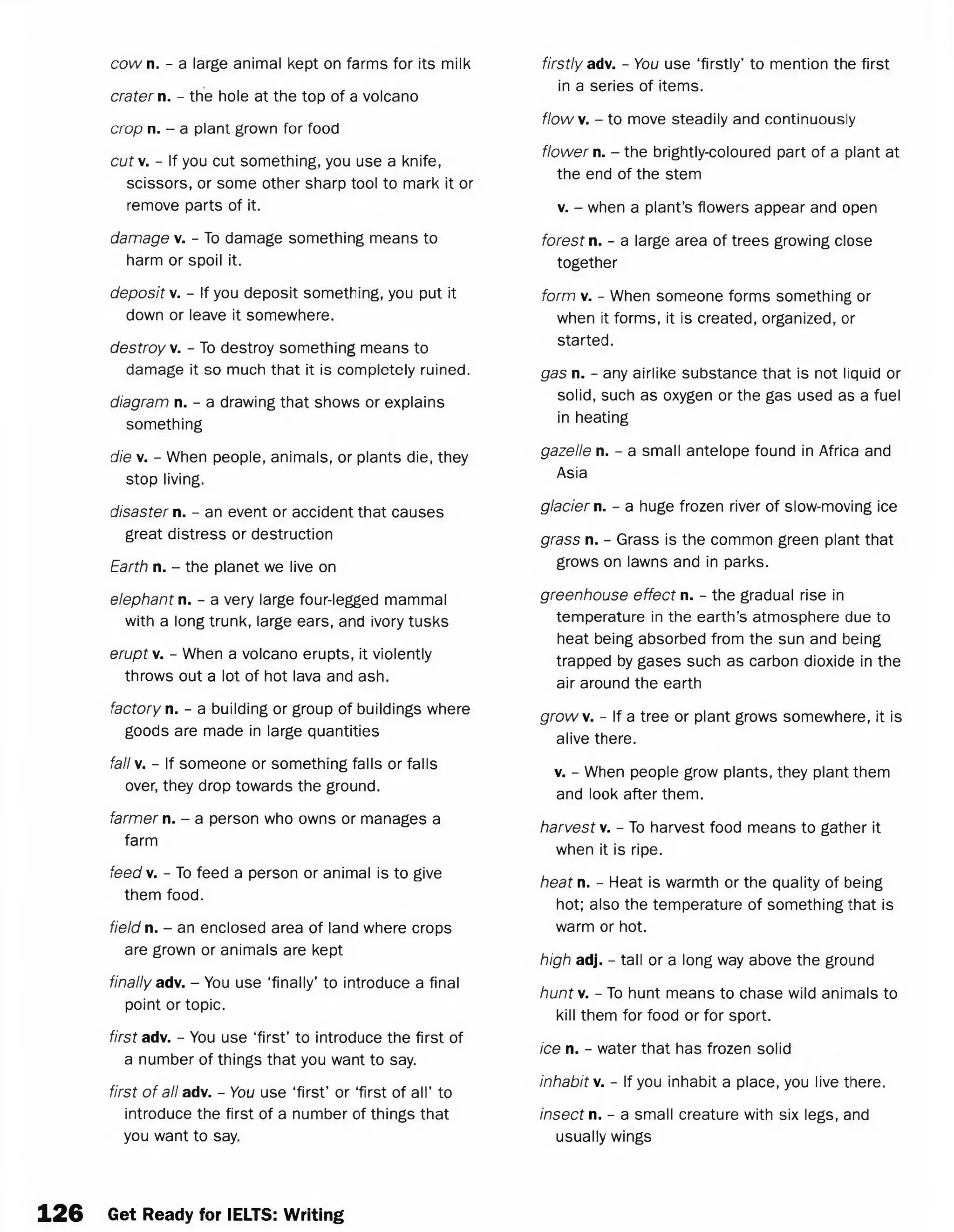 cow n. - a large animal kept on farms for its milk
crater n. - the hole at the top of a volcano
crop n. - a plant grown for food
cut v. - If you cut something, you use a knife,
scissors, or some other sharp tool to mark it or
remove parts of it.
damage v. - To damage something means to
harm or spoil it.
deposit v. - If you deposit something, you put it
down or leave it somewhere.
destroy v. - To destroy something means to
damage it so much that it is completely ruined.
diagram n. - a drawing that shows or explains
something
die v. - When people, animals, or plants die, they
stop living.
disaster n. - an event or accident that causes
great distress or destruction
Earth n. - the planet we live on
elephant n. - a very large four-legged mammal
with a long trunk, large ears, and ivory tusks
erupt v. - When a volcano erupts, it violently
throws out a lot of hot lava and ash.
factory n. - a building or group of buildings where
goods are made in large quantities
fall v. - If someone or something falls or falls
over, they drop towards the ground.
farmer n. - a person who owns or manages a
farm
feedv. - To feed a person or animal is to give
them food.
field n. - an enclosed area of land where crops
are grown or animals are kept
finally adv. - You use ‘finally’ to introduce a final
point or topic.
first adv. - You use ‘first’ to introduce the first of
a number of things that you want to say.
first of all adv. - You use ‘first’ or ‘first of all’ to
introduce the first of a number of things that
you want to say.
firstly adv. - You use ‘firstly’ to mention the first
in a series of items.
flowv. - to move steadily and continuously
flower n. - the brightly-coloured part of a plant at
the end of the stem
v. - when a plant’s flowers appear and open
forest n. - a large area of trees growing close
together
form v. - When someone forms something or
when it forms, it is created, organized, or
started.
gas n. - any airlike substance that is not liquid or
solid, such as oxygen or the gas used as a fuel
in heating
gazelle n. - a small antelope found in Africa and
Asia
glacier n. - a huge frozen river of slow-moving ice
grass n. - Grass is the common green plant that
grows on lawns and in parks.
greenhouse effect n. - the gradual rise in
temperature in the earth’s atmosphere due to
heat being absorbed from the sun and being
trapped by gases such as carbon dioxide in the
air around the earth
growv. - If a tree or plant grows somewhere, it is
alive there.
v. - When people grow plants, they plant them
and look after them.
harvest v. - To harvest food means to gather it
when it is ripe.
heat n. - Heat is warmth or the quality of being
hot; also the temperature of something that is
warm or hot.
high adj. - tall or a long way above the ground
huntv. - To hunt means to chase wild animals to
kill them for food or for sport.
ice n. - water that has frozen solid
inhabit v. - If you inhabit a place, you live there.
insect n. - a small creature with six legs, and
usually wings
126 Get Ready for IELTS: Writing
 