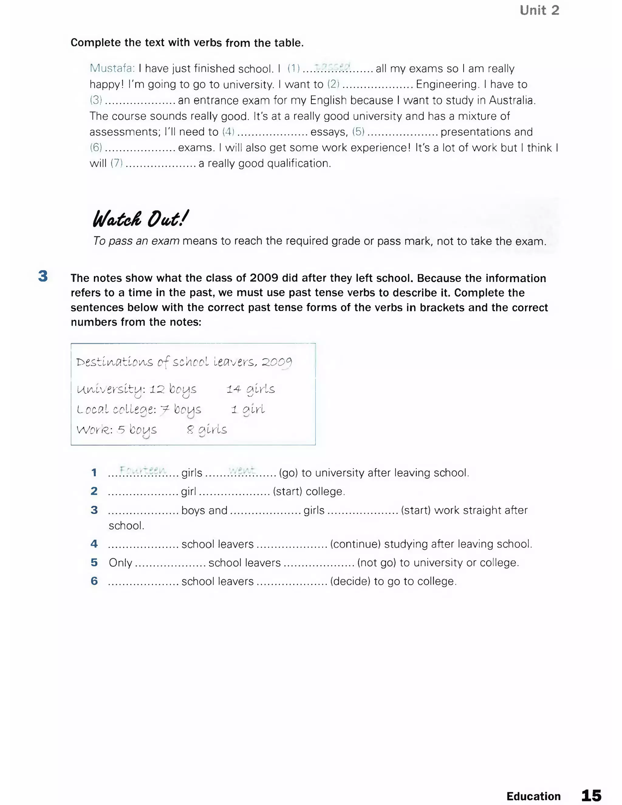Unit 2
Complete the text with verbs from the table.
Mustafa: I have just finished school. I (1) ....... all my exams so I am really
happy! I'm going to go to university. I want to (2)....................... Engineering. I have to
(3).......................an entrance exam for my English because I want to study in Australia.
The course sounds really good. It's at a really good university and has a mixture of
assessments; I'll need to (4).......................essays, (5)........................ presentations and
(6).......................exams. I will also get some work experience! It's a lot of work but I think I
will (7).......................a really good qualification.
b/a>tc& Out/
To pass an exam means to reach the required grade or pass mark, not to take the exam.
3 The notes show what the class of 2009 did after they left school. Because the information
refers to a time in the past, we must use past tense verbs to describe it. Complete the
sentences below with the correct past tense forms of the verbs in brackets and the correct
numbers from the notes:
T>es>tlAMtloiA,& o f school leavers, zioo°)
UO/uVersltM: 12 boiA£> 14 airls>
u u ^
Local college: ^ bpws i carl
W dyz  5 hoA£> 8 (tins.
1 girls........ ............... (go) to university after leaving school.
2 ....................... girl........................(start) college.
3 .......................boys and........................ girls........................ (start) work straight after
school.
4 ....................... school leavers........................(continue) studying after leaving school.
5 O nly.......................school leavers........................ (not go) to university or college.
6 ....................... school leavers........................(decide) to go to college.
Education 15
 
