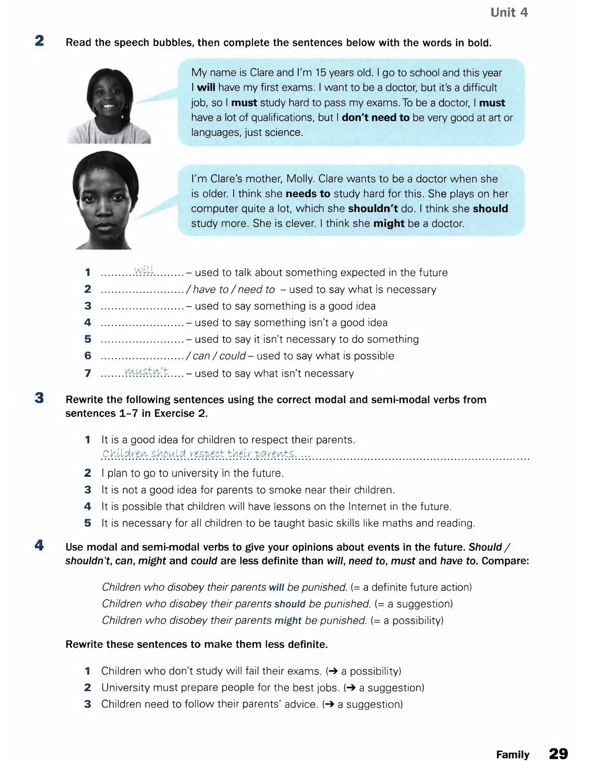 Unit 4
2 Read the speech bubbles, then complete the sentences below with the words in bold.
My name is Clare and I'm 15 years old. I go to school and this year
I will have my first exams. I want to be a doctor, but it's a difficult
job, so I must study hard to pass my exams. To be a doctor, I must
have a lot of qualifications, but I don't need to be very good at art or
languages, just science.
I'm Clare's mother, Molly. Clare wants to be a doctor when she
is older. I think she needs to study hard for this. She plays on her
computer quite a lot, which she shouldn't do. I think she should
study more. She is clever. I think she might be a doctor.
1 ...........,V¥k4.......... - used to talk about something expected in the future
2 ............................. /have to / need to - used to say what is necessary
3 ............................. - used to say something is a good idea
4 ............................. - used to say something isn't a good idea
5 ............................. - used to say it isn't necessary to do something
6 ............................. / can / could - used to say what is possible
7 .............................- used to say what isn't necessary
3 Rewrite the following sentences using the correct modal and semi-modal verbs from
sentences 1-7 in Exercise 2.
1 It is a good idea for children to respect their parents.
£ h^ ?! p. [?!. t htiy i/yts....
2 I plan to go to university in the future.
3 Itisnot a good idea for parents to smoke near their children.
4 Itispossible that children will have lessons on the Internet in the future.
5 Itisnecessary for all children to be taught basic skills like maths and reading.
4 Use modal and semi-modal verbs to give your opinions about events in the future. Should/
shouldn’t, can, might and could are less definite than will, need to, must and have to. Compare:
Children who disobey their parents will be punished. (= a definite future action)
Children who disobey their parents should be punished. (= a suggestion)
Children who disobey their parents might be punished. (= a possibility)
Rewrite these sentences to make them less definite.
1 Children who don't study will fail their exams. (-» a possibility)
2 University must prepare people for the best jobs. (-» a suggestion)
3 Children need to follow their parents' advice. (-» a suggestion)
Family 29
 