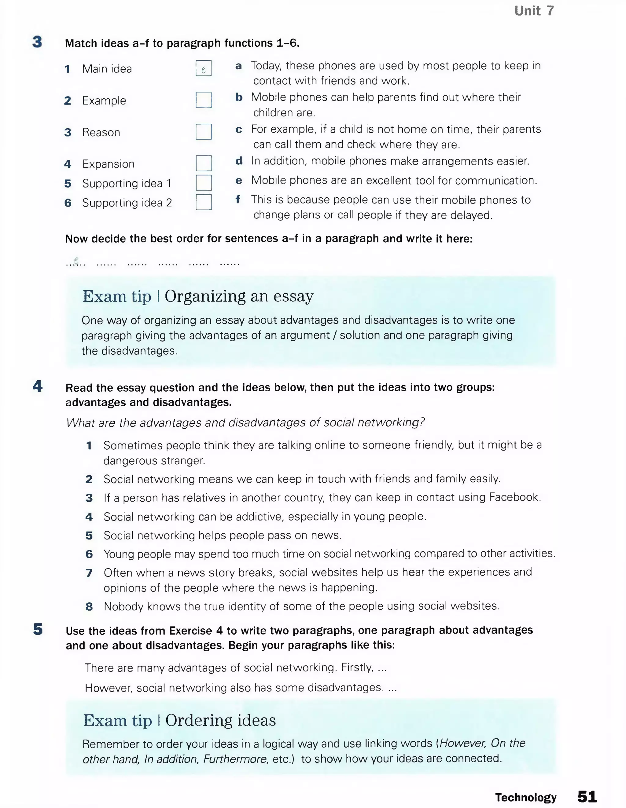 Unit 7
Match ideas a-f to paragraph functions 1-6.
1 Main idea m a
2 Example □ b
3 Reason □ c
4 Expansion □ d
5 Supporting idea 1 □ e
6 Supporting idea 2 □ f
Today, these phones are used by most people to keep in
contact with friends and work.
Mobile phones can help parents find out where their
children are.
For example, if a child is not home on time, their parents
can call them and check where they are.
In addition, mobile phones make arrangements easier.
Mobile phones are an excellent tool for communication.
This is because people can use their mobile phones to
change plans or call people if they are delayed.
Now decide the best order for sentences a-f in a paragraph and write it here:
Exam tip IOrganizing an essay
One way of organizing an essay about advantages and disadvantages is to write one
paragraph giving the advantages of an argument / solution and one paragraph giving
the disadvantages.
4 Read the essay question and the ideas below, then put the ideas into two groups:
advantages and disadvantages.
What are the advantages and disadvantages of social netw orking?
1 Sometimes people think they are talking online to someone friendly, but it might be a
dangerous stranger.
2 Social networking means we can keep in touch with friends and family easily.
3 If a person has relatives in another country, they can keep in contact using Facebook.
4 Social networking can be addictive, especially in young people.
5 Social networking helps people pass on news.
6 Young people may spend too much time on social networking compared to other activities.
7 Often when a news story breaks, social websites help us hear the experiences and
opinions of the people where the news is happening.
8 Nobody knows the true identity of some of the people using social websites.
5 Use the ideas from Exercise 4 to write two paragraphs, one paragraph about advantages
and one about disadvantages. Begin your paragraphs like this:
There are many advantages of social networking. Firstly, ...
However, social networking also has some disadvantages. ...
Exam tip IOrdering ideas
Remember to order your ideas in a logical way and use linking words (However, On the
other hand, In addition, Furthermore, etc.) to show how your ideas are connected.
Technology 5 1
 