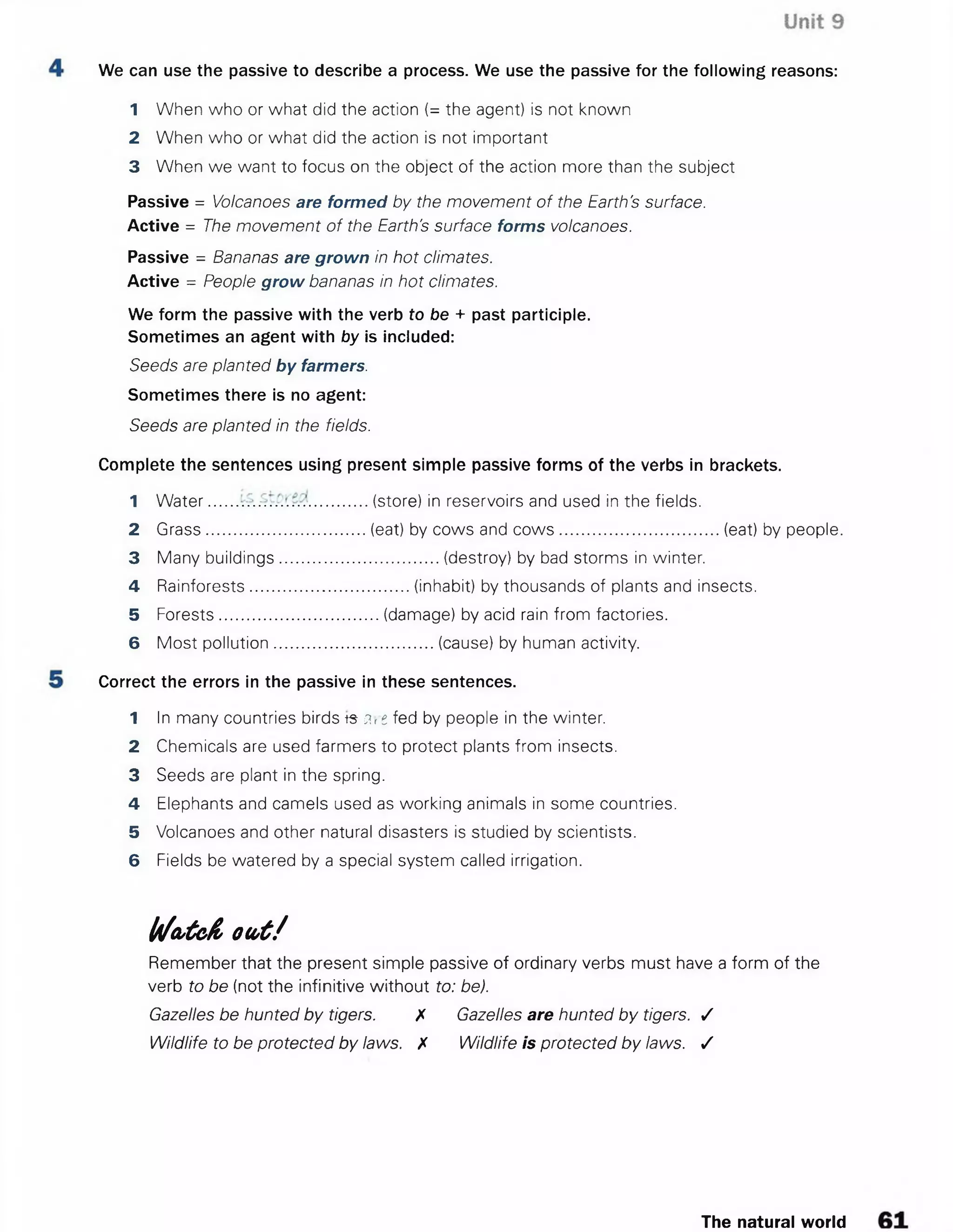 1 When who or what did the action (= the agent) is not known
2 When who or what did the action is not important
3 When we want to focus on the object of the action more than the subject
Passive = Volcanoes are formed by the movement of the Earth's surface.
Active = The movement of the Earth's surface forms volcanoes.
Passive = Bananas are grown In hot climates.
Active = People grow bananas in hot climates.
We form the passive with the verb to be + past participle.
Sometimes an agent with by is included:
Seeds are planted by farmers.
Sometimes there is no agent:
Seeds are planted in the fields.
Complete the sentences using present simple passive forms of the verbs in brackets.
1 W ater.................................. (store) in reservoirs and used in the fields.
2 Grass...................................(eat) by cows and cow s.................................... (eat) by people.
3 Many buildings...................................(destroy) by bad storms in winter.
4 Rainforests...................................(inhabit) by thousands of plants and insects.
5 Forests...................................(damage) by acid rain from factories.
6 Most pollution...................................(cause) by human activity.
Correct the errors in the passive in these sentences.
1 In many countries birds ts ■?.,i fed by people in the winter.
2 Chemicals are used farmers to protect plants from insects.
3 Seeds are plant in the spring.
4 Elephants and camels used as working animals in some countries.
5 Volcanoes and other natural disasters is studied by scientists.
6 Fields be watered by a special system called irrigation.
k /a ,ta & o a t /
Remember that the present simple passive of ordinary verbs must have a form of the
verb to be (not the infinitive without to: be).
Gazelles be hunted by tigers. X Gazelles are hunted by tigers. /
Wildlife to be protected by laws. X Wildlife is protected by laws. /
We can use the passive to describe a process. We use the passive for the following reasons:
The natural world
 