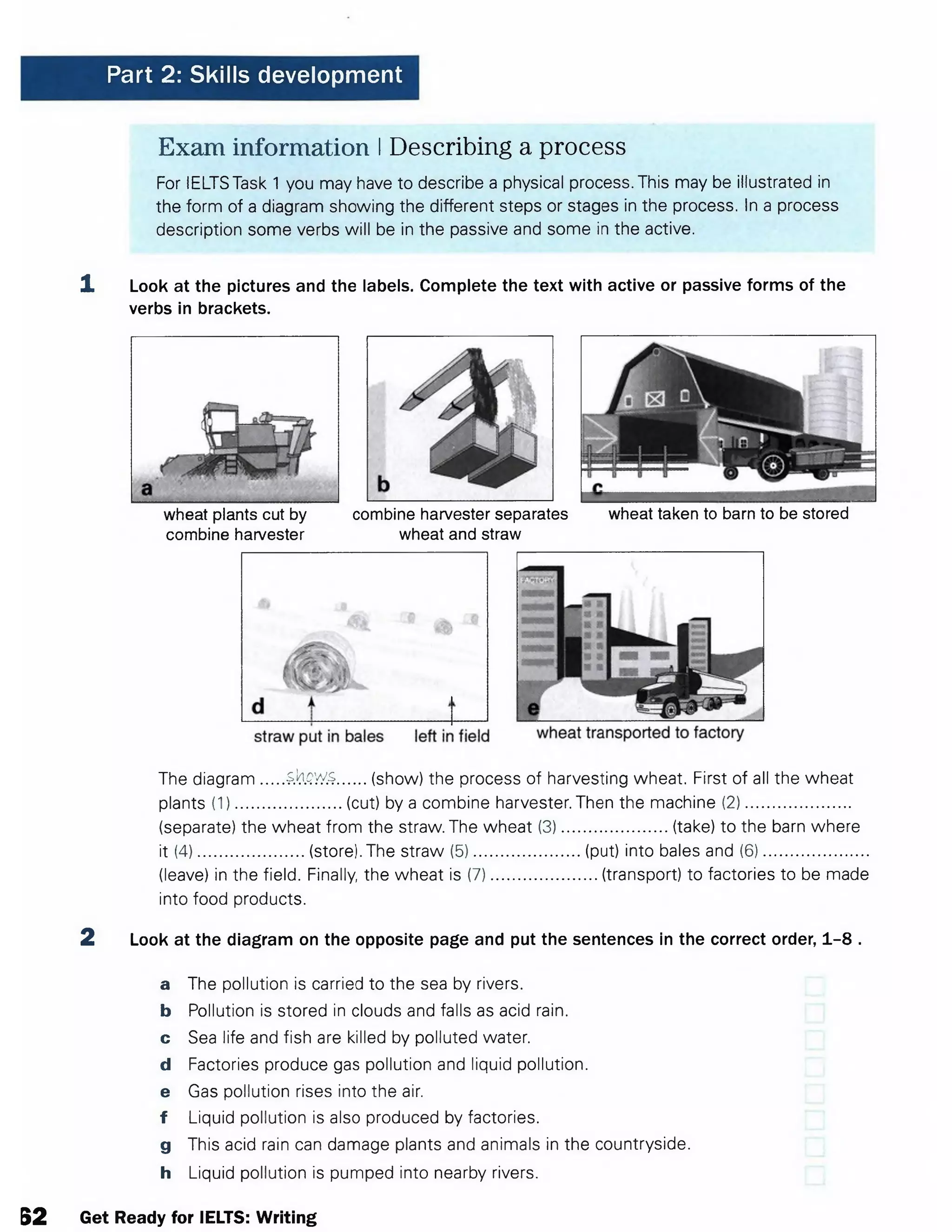 Part 2: Skills development
Exam information IDescribing a process
For lELTSTask 1 you may have to describe a physical process. This may be illustrated in
the form of a diagram showing the different steps or stages in the process. In a process
description some verbs will be in the passive and some in the active.
1 Look at the pictures and the labels. Complete the text with active or passive forms of the
verbs in brackets.
wheat plants cut by combine harvester separates wheat taken to barn to be stored
combine harvester wheat and straw
The diagram.....shows...... (show) the process of harvesting wheat. First of all the wheat
plants (1).......................(cut) by a combine harvester. Then the machine (2)........................
(separate) the wheat from the straw. The wheat (3).......................(take) to the barn where
it (4).......................(store).The straw (5)........................ (put) into bales and (6)........................
(leave) in the field. Finally the wheat is (7).......................(transport) to factories to be made
into food products.
2 Look at the diagram on the opposite page and put the sentences in the correct order, 1-8 .
a The pollution is carried to the sea by rivers,
b Pollution is stored in clouds and falls as acid rain,
c Sea life and fish are killed by polluted water,
d Factories produce gas pollution and liquid pollution,
e Gas pollution rises into the air.
f Liquid pollution is also produced by factories,
g This acid rain can damage plants and animals in the countryside,
h Liquid pollution is pumped into nearby rivers.
B2 Get Ready for IELTS: Writing
 