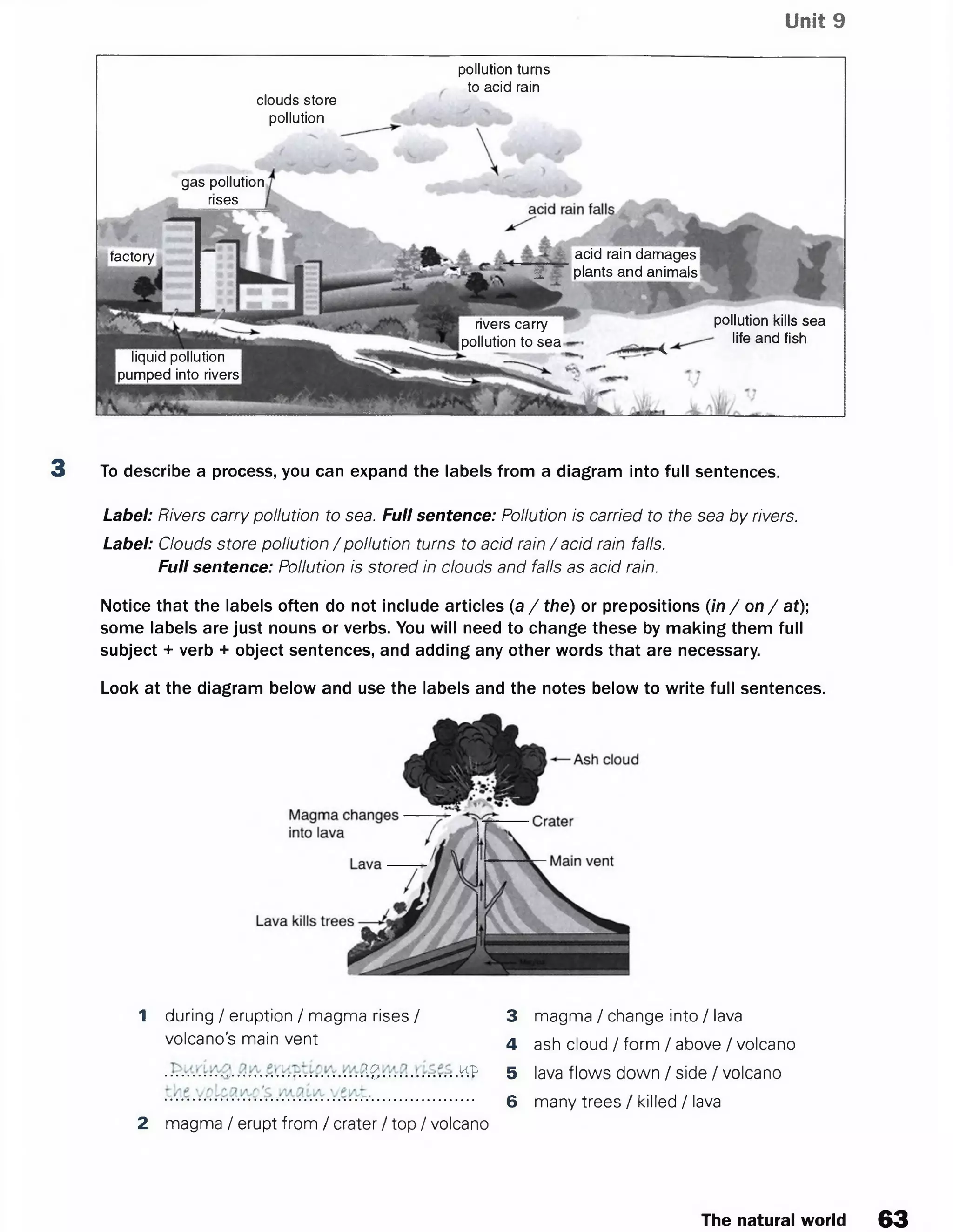 Unit 9
gas pollution
pollution turns
to acid rain
clouds store
pollution
rises
acid rain damages
i plants and animals
factory
pollution kills sea
life and fish
rivers carry
pollution to sea
v.liquid pollution
pumped into rivers
___
3 To describe a process, you can expand the labels from a diagram into full sentences.
Label: Rivers carry pollution to sea. Full sentence: Pollution is carried to the sea by rivers.
Label: Clouds store pollution / pollution turns to acid rain /acid rain falls.
Full sentence: Pollution is stored in clouds and falls as acid rain.
Notice that the labels often do not include articles (a / the) or prepositions (in /o n / at);
some labels are just nouns or verbs. You will need to change these by making them full
subject + verb + object sentences, and adding any other words that are necessary.
Look at the diagram below and use the labels and the notes below to write full sentences.
1 during / eruption / magma rises /
volcano's main vent
. 10 .HP
3 magma / change into / lava
4 ash cloud/form /above/volcano
5 lava flows down / side / volcano
6 many trees / killed / lava
2 magma / erupt from / crater / top / volcano
The natural world 63
 