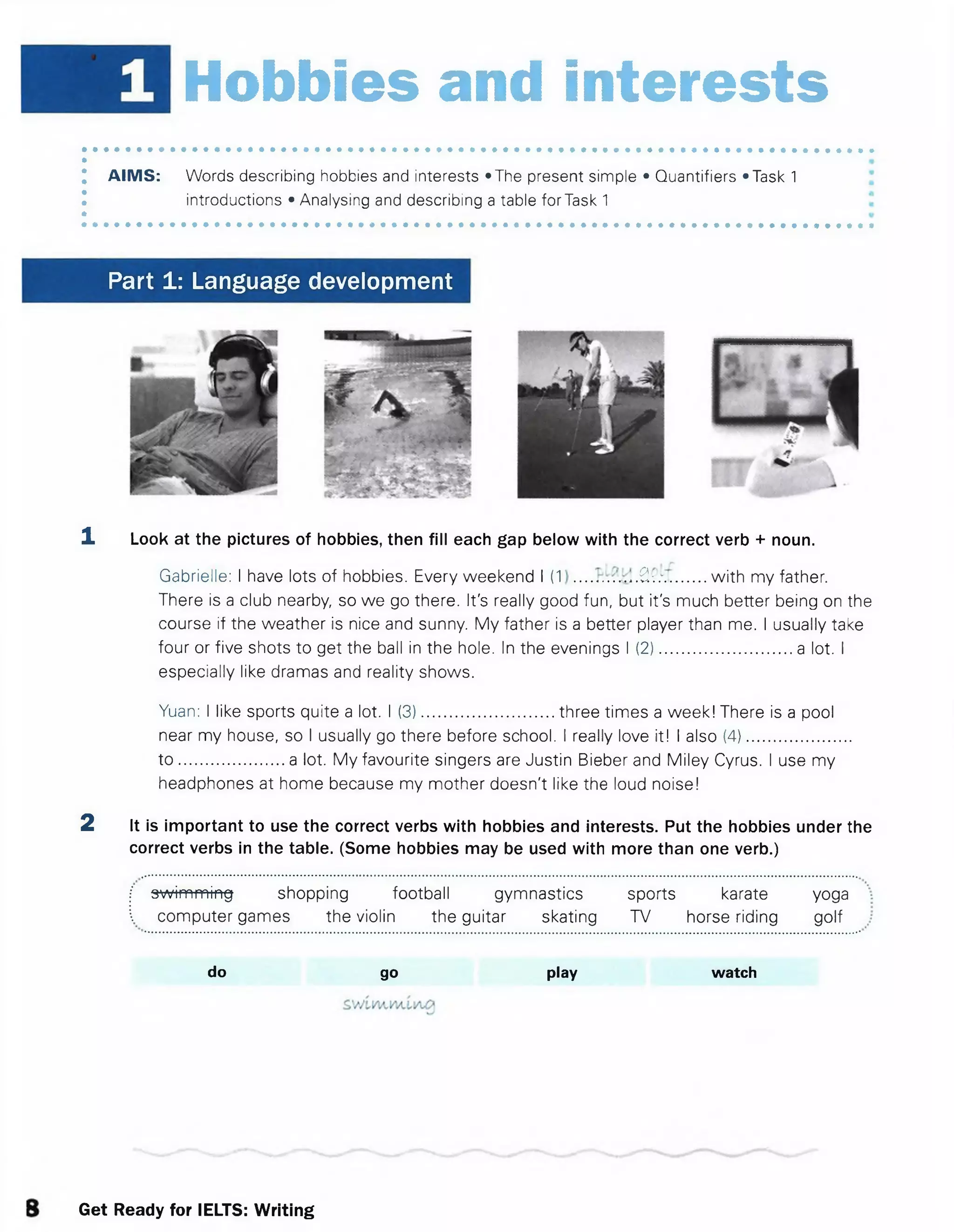 Hobbies and interests
AIMS: Words describing hobbies and interests *The present simple • Quantifiers •Task 1
introductions • Analysing and describing a table forTask 1
Part 1: Language development
1 Look at the pictures of hobbies, then fill each gap below with the correct verb + noun.
Gabrielle: I have lots of hobbies. Every weekend I ( 1 .0.-.:...... with my father.
There is a club nearby, so we go there. It's really good fun, but it's much better being on the
course if the weather is nice and sunny. My father is a better player than me. I usually take
four or five shots to get the ball in the hole. In the evenings I (2).............................a lot. I
especially like dramas and reality shows.
Yuan: I like sports quite a lot. I (3).............................three times a week! There is a pool
near my house, so I usually go there before school. I really love it! I also (4).......................
to .......................a lot. My favourite singers are Justin Bieber and Miley Cyrus. I use my
headphones at home because my mother doesn't like the loud noise!
2 It is important to use the correct verbs with hobbies and interests. Put the hobbies under the
correct verbs in the table. (Some hobbies may be used with more than one verb.)
3wimming shopping football gymnastics sports karate yoga
computer games the violin the guitar skating TV horse riding golf
do go play watch
Get Ready for IELTS: Writing
 