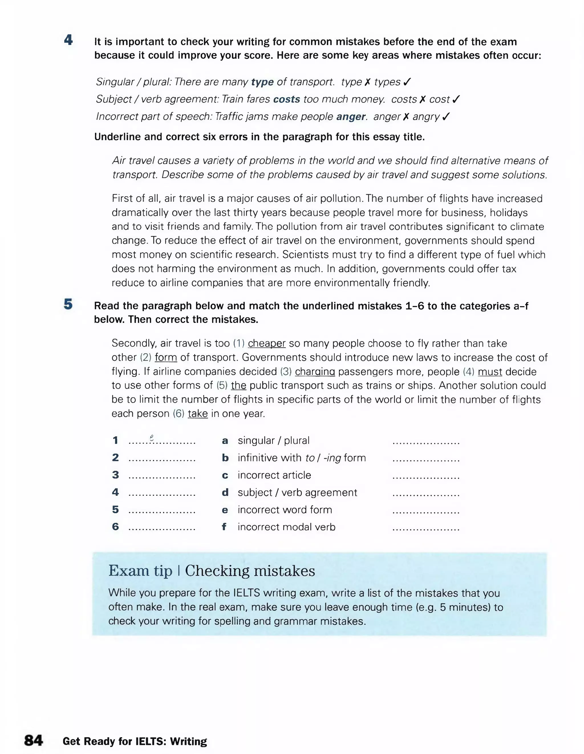 4 It is important to check your writing for common mistakes before the end of the exam
because it could improve your score. Here are some key areas where mistakes often occur:
Singular / plural: There are many type of transport, type / types S
Subject / verb agreement: Train fares costs too much money, costs X cost /
Incorrect part of speech: Traffic jams make people anger, anger X angry /
Underline and correct six errors in the paragraph for this essay title.
Air travel causes a variety of problems in the world and we should find alternative means of
transport. Describe some of the problems caused by air travel and suggest some solutions.
First of ail, air travel is a major causes of air pollution. The number of flights have increased
dramatically over the last thirty years because people travel more for business, holidays
and to visit friends and family. The pollution from air travel contributes significant to climate
change. To reduce the effect of air travel on the environment, governments should spend
most money on scientific research. Scientists must try to find a different type of fuel which
does not harming the environment as much. In addition, governments could offer tax
reduce to airline companies that are more environmentally friendly.
Read the paragraph below and match the underlined mistakes 1-6 to the categories a-f
below. Then correct the mistakes.
Secondly, air travel is too (1) cheaper so many people choose to fly rather than take
other (2) form of transport. Governments should introduce new laws to increase the cost of
flying. If airline companies decided (3) charging passengers more, people (4) must decide
to use other forms of (5) the public transport such as trains or ships. Another solution could
be to limitthe number of flights in specific parts of the world or limit the number of flights
each person(6) take in one year.
1 .......A.............. a singular / plural ....
2 ........................ b infinitive with to / -ing form ........................
3 ........................ c incorrect article ........................
4 ........ d subject / verb agreement ....
5 ........................ e incorrect word form ........................
6 ........................ f incorrect modal verb ........................
Exam tip I Checking mistakes
While you prepare for the IELTS writing exam, write a list of the mistakes that you
often make. In the real exam, make sure you leave enough time (e.g. 5 minutes) to
check your writing for spelling and grammar mistakes.
Get Ready for IELTS: Writing
 
