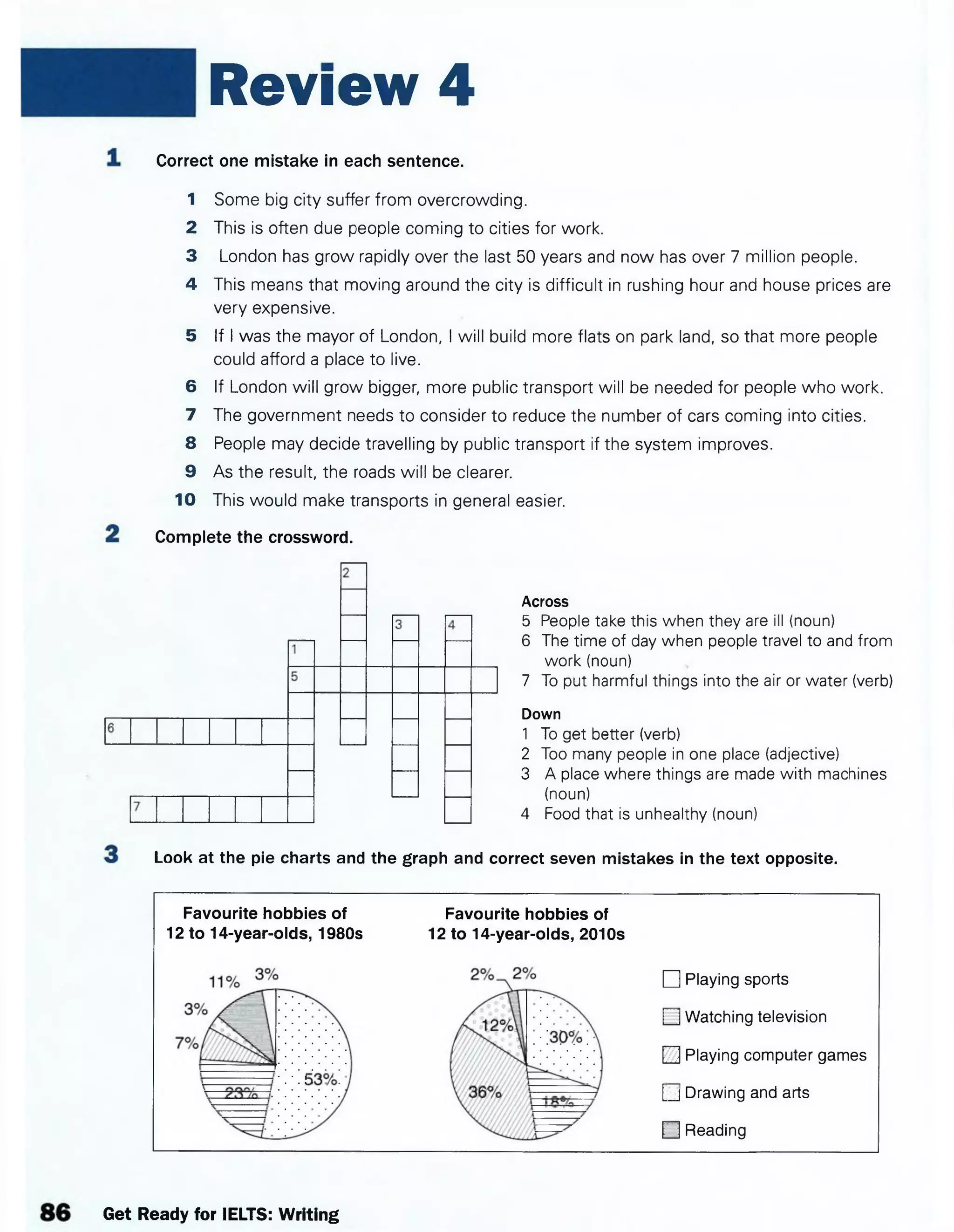 Review 4
Correct one mistake in each sentence.
1 Some big city suffer from overcrowding.
2 This is often due people coming to cities for work.
3 London has grow rapidly over the last 50 years and now has over 7 million people.
4 This means that moving around the city is difficult in rushing hour and house prices are
very expensive.
5 If I was the mayor of London, I will build more flats on park land, so that more people
could afford a place to live.
6 If London will grow bigger, more public transport will be needed for people who work.
7 The government needs to consider to reduce the number ofcars coming into cities.
8 People may decide travelling by public transport if the system improves.
9 As the result, the roads will be clearer.
10 This would make transports in general easier.
Complete the crossword.
Across
5 People take this when they are ill (noun)
6 The time of day when people travel to and from
work (noun)
7 To put harmful things into the air or water (verb)
Down
1 To get better (verb)
2 Too many people in one place (adjective)
3 A place where things are made with machines
(noun)
4 Food that is unhealthy (noun)
Look at the pie charts and the graph and correct seven mistakes in the text opposite.
Favourite hobbies of Favourite hobbies of
12 to 14-year-olds, 1980s 12 to 14-year-olds, 201Os
O Playing sports
□ Watching television
□ Playing computer games
[ j Drawing and arts
□ Reading
Get Ready for IELTS: Writing
 
