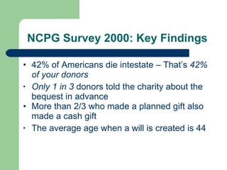 NCPG Survey 2000: Key Findings 42% of Americans die intestate – That’s  42% of your donors Only 1 in 3  donors told the charity about the bequest in advance More than 2/3 who made a planned gift also made a cash gift The average age when a will is created is 44 